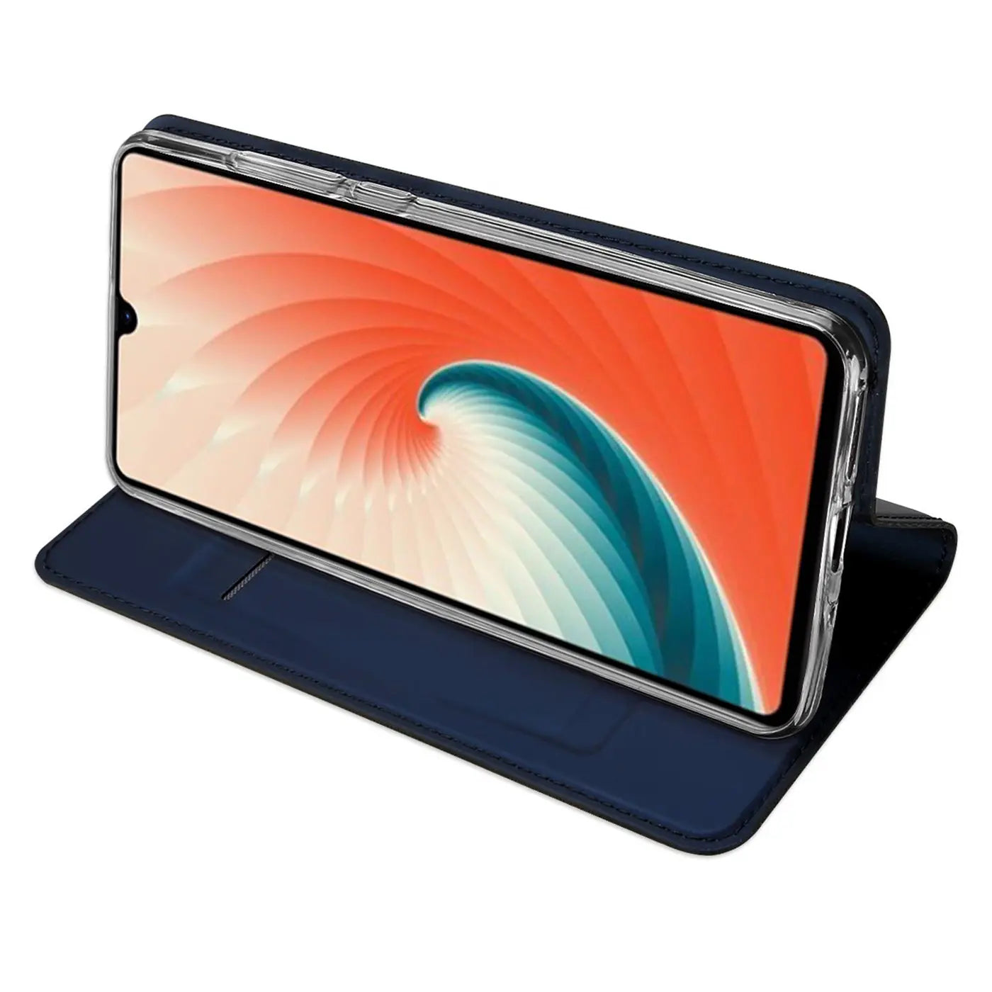 Dunkelblaue Kunstleder-Flip-Hülle für Huawei Mate 20, von vorne schräg gezeigt.