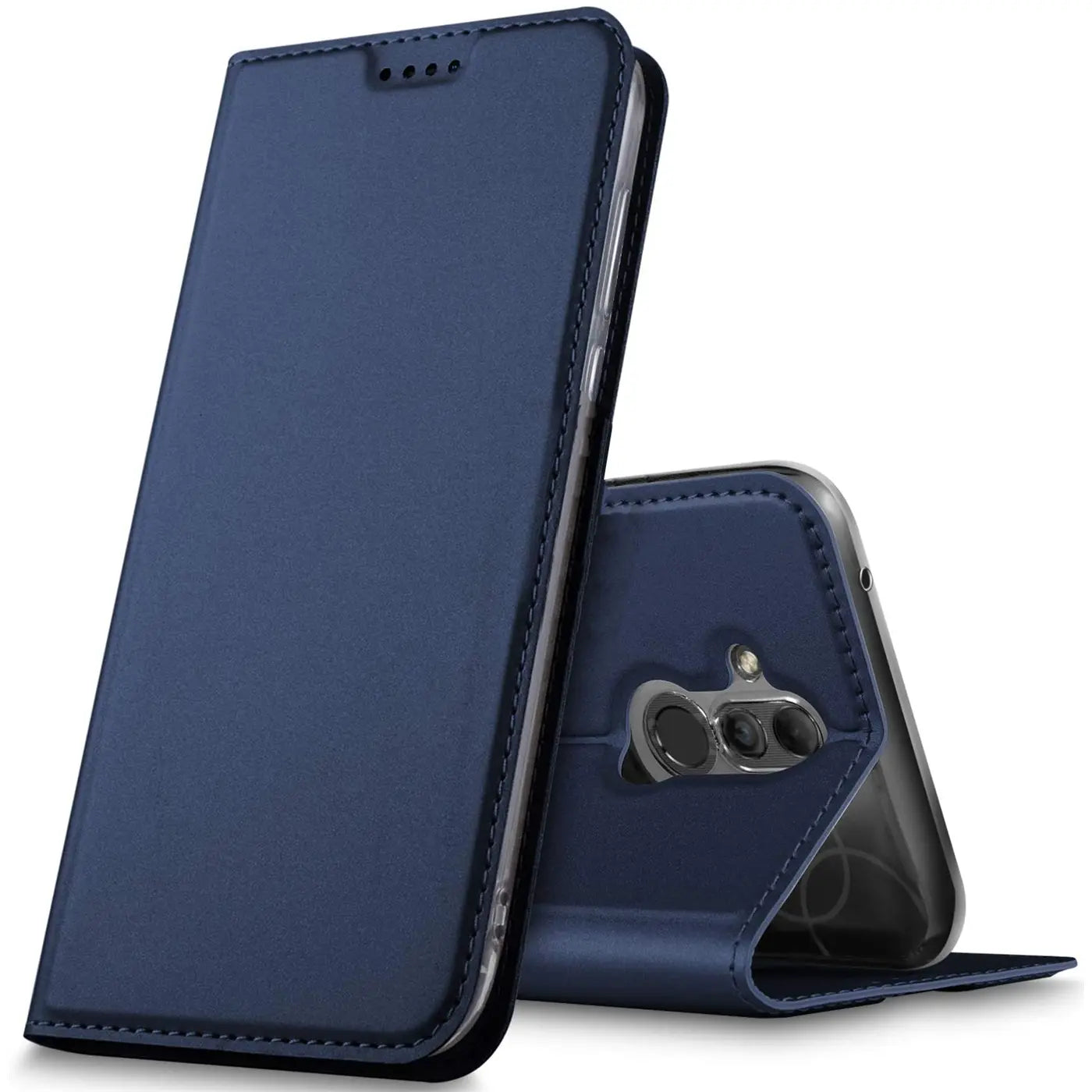 Dunkelblaue Kunstleder-Flip-Hülle, seitliche Ansicht, zeigt Huawei Mate 20 Lite.
