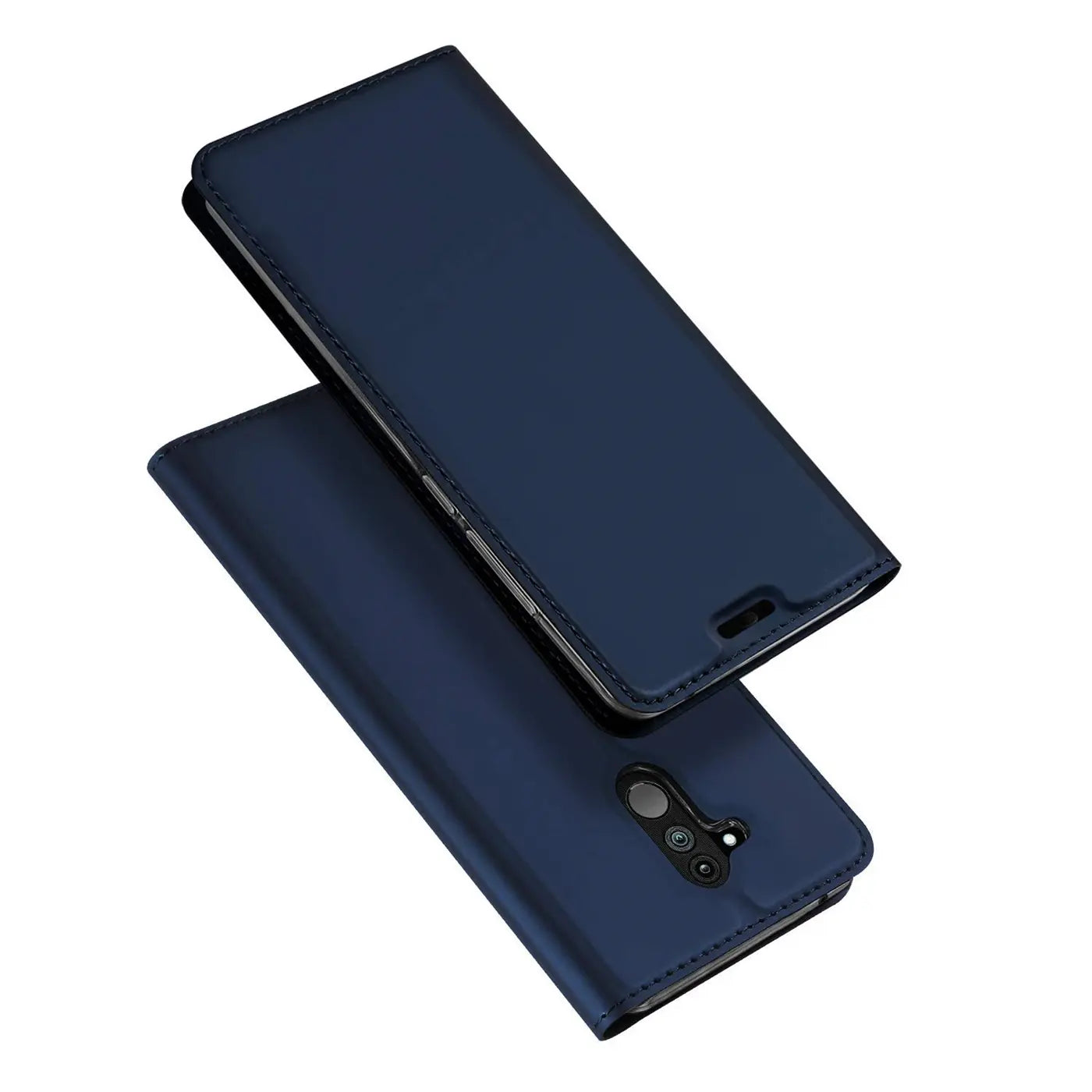 Dunkelblaue Kunstleder-Flip-Hülle für Huawei Mate 20 Lite, von oben/seitlich gezeigt.