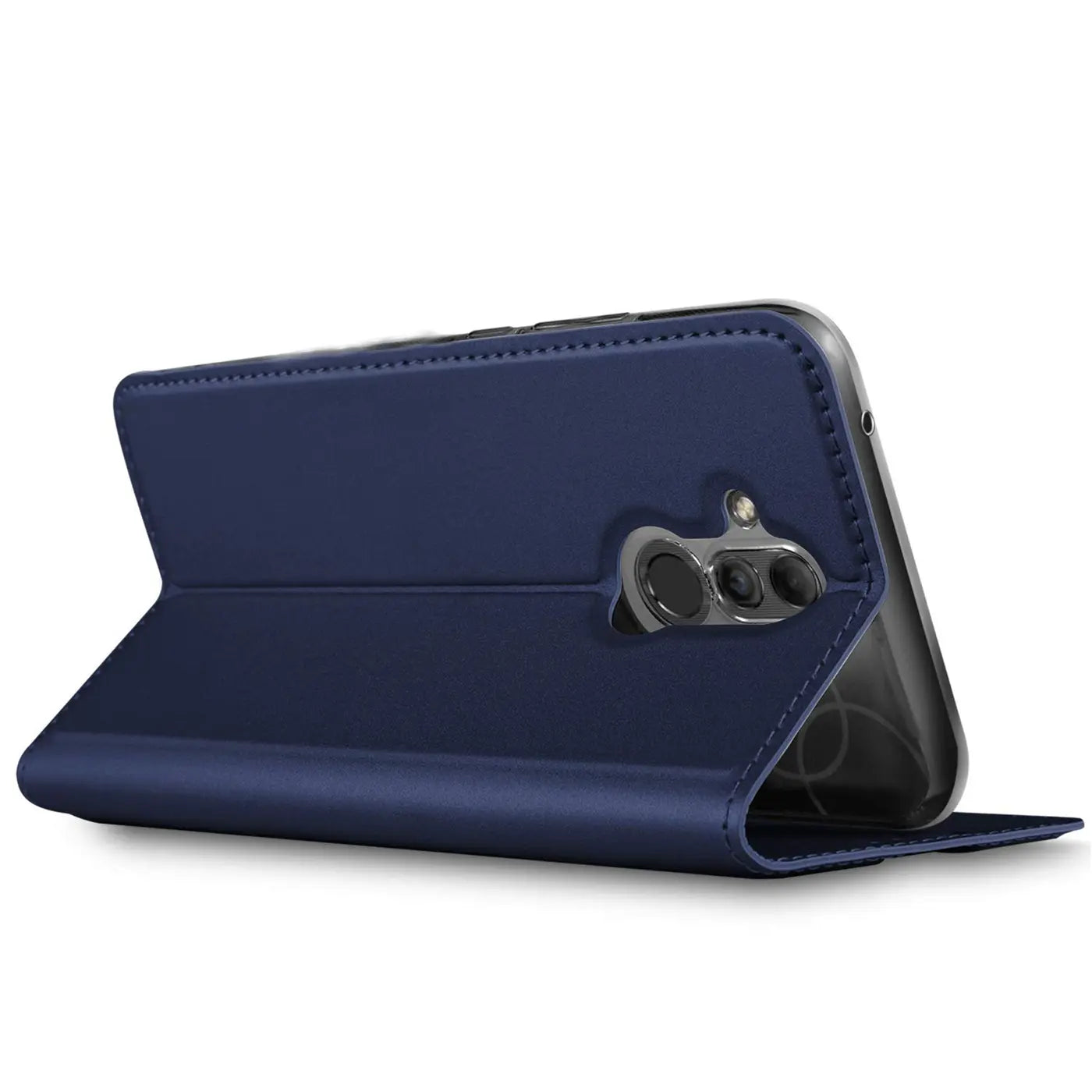 Dunkelblaue Leder-Flip-Hülle, seitliche Ansicht, zeigt Huawei Mate 20 Lite.