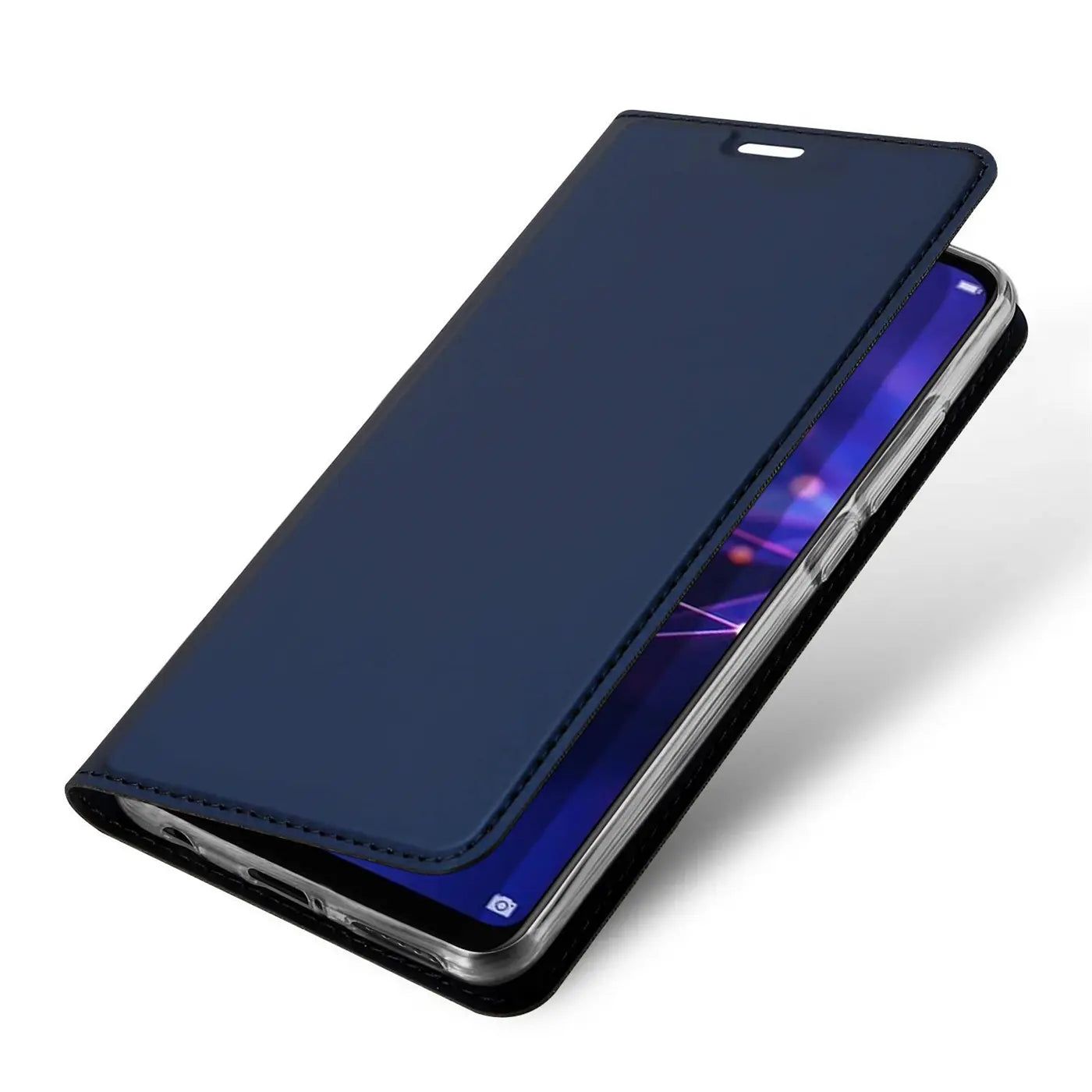 Dunkelblaue Kunstleder-Flip-Hülle für Huawei Mate 20 Lite, von oben schräg fotografiert.
