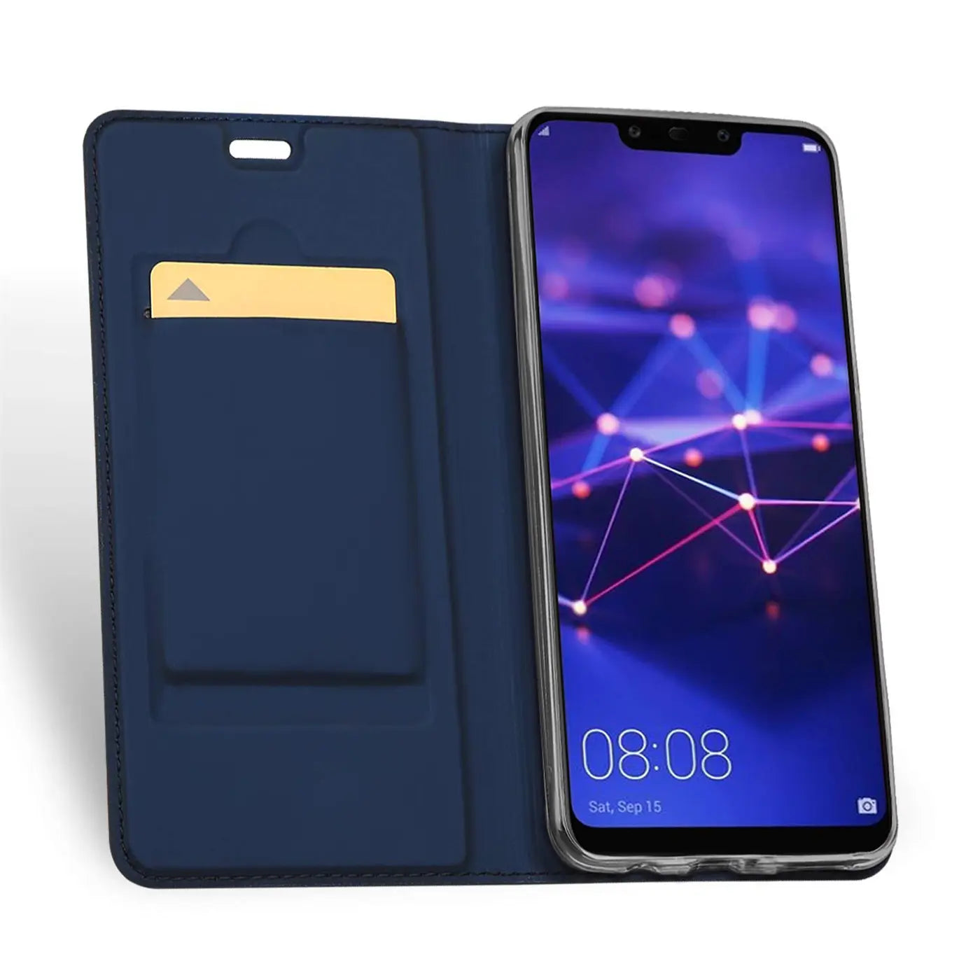 Dunkelblaue Kunstleder-Flip-Hülle mit Kartenfach, Huawei Mate 20 Lite, von vorne
