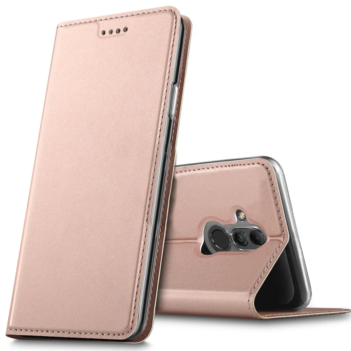 Rosafarbene Metallic-Flip-Hülle aus Kunstleder, Seitenansicht, zeigt Huawei Mate 20 Lite