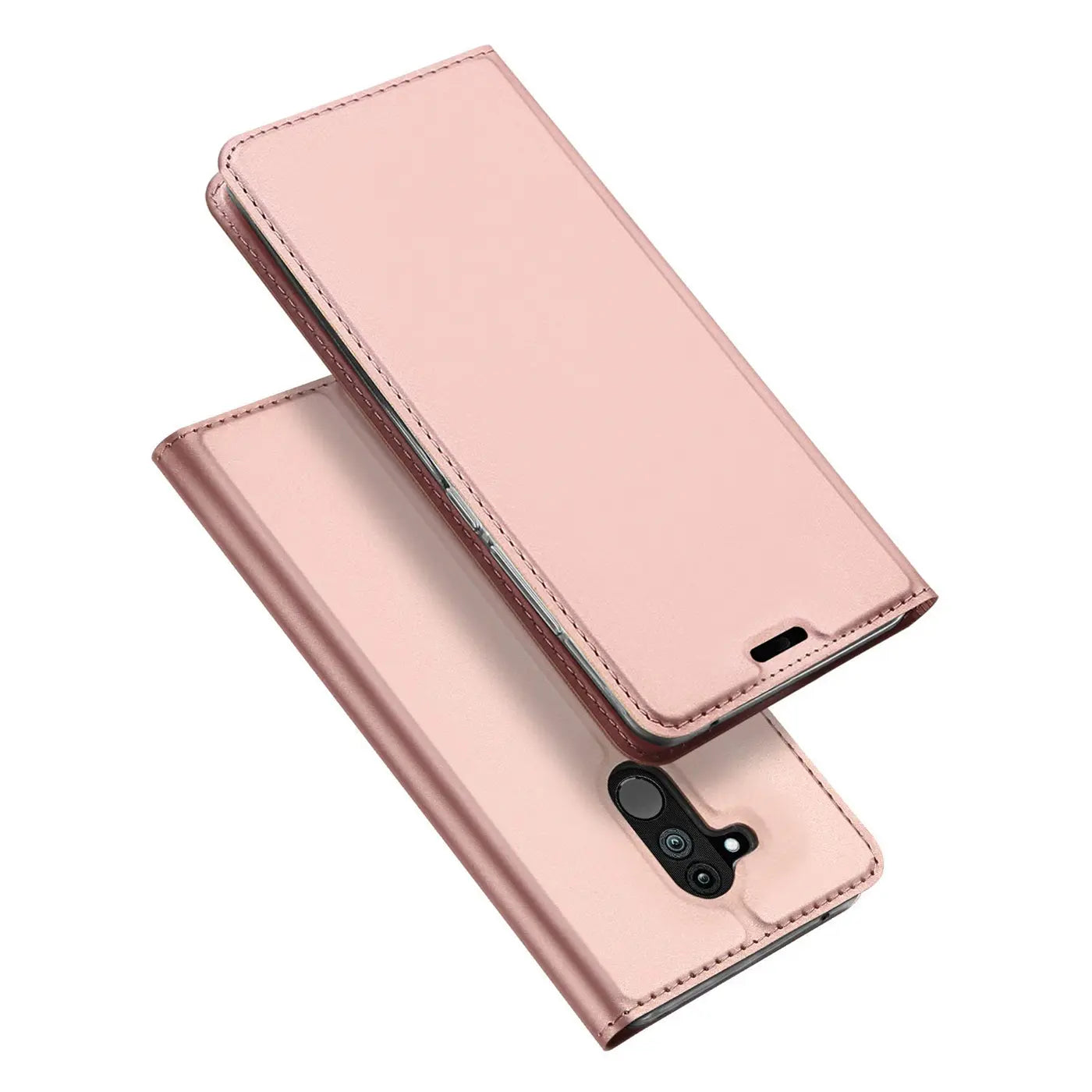Roségoldene Metallic-Flip-Hülle aus Kunstleder, schräg von oben, zeigt Huawei Mate 20 Lite.