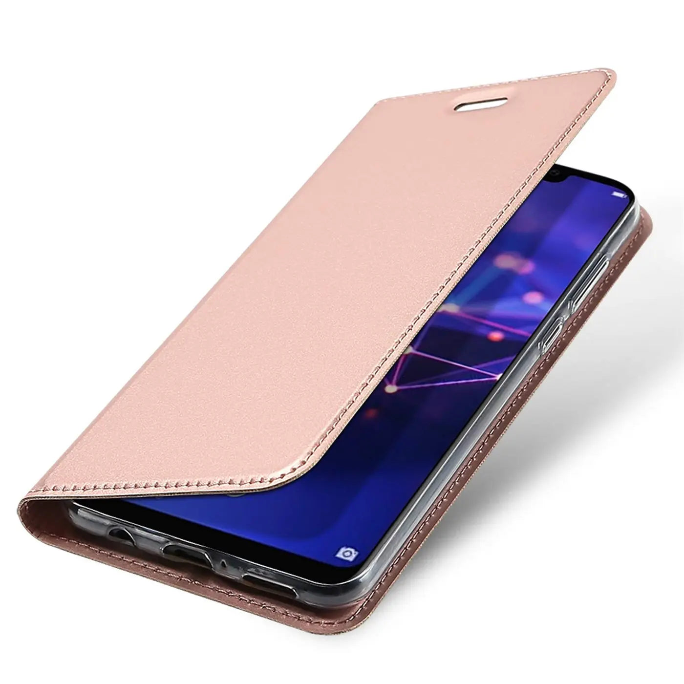 Metallic-rosafarbene Flip-Hülle aus Kunstleder, schräg von vorne, mit Huawei Mate 20 Lite.