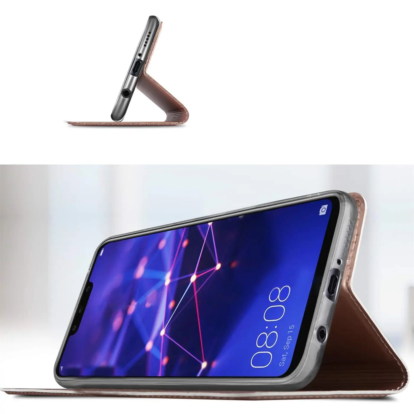 Huawei Mate 20 Lite in brauner Leder-Flip-Hülle, von vorne schräg, aufgestellt.