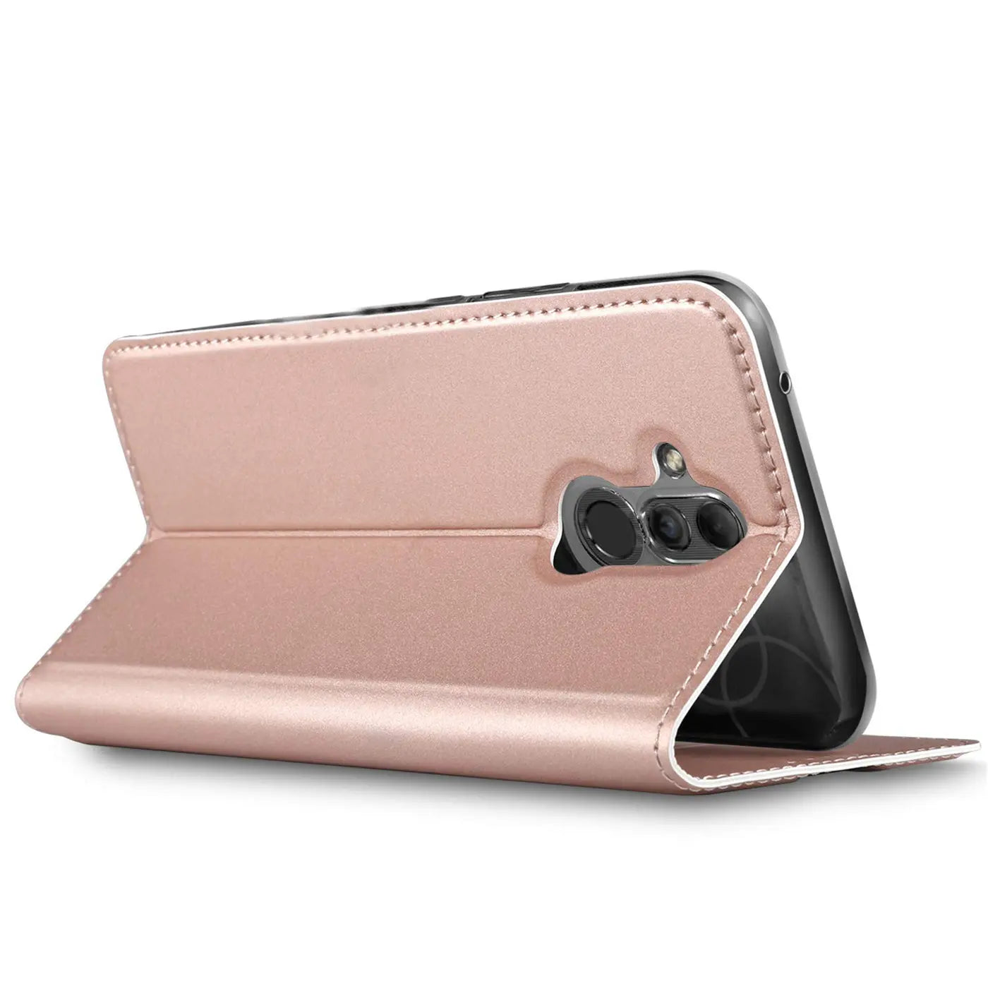 Roségoldene Metallic-Flip-Hülle aus Kunstleder für Huawei Mate 20 Lite, Seitenansicht.