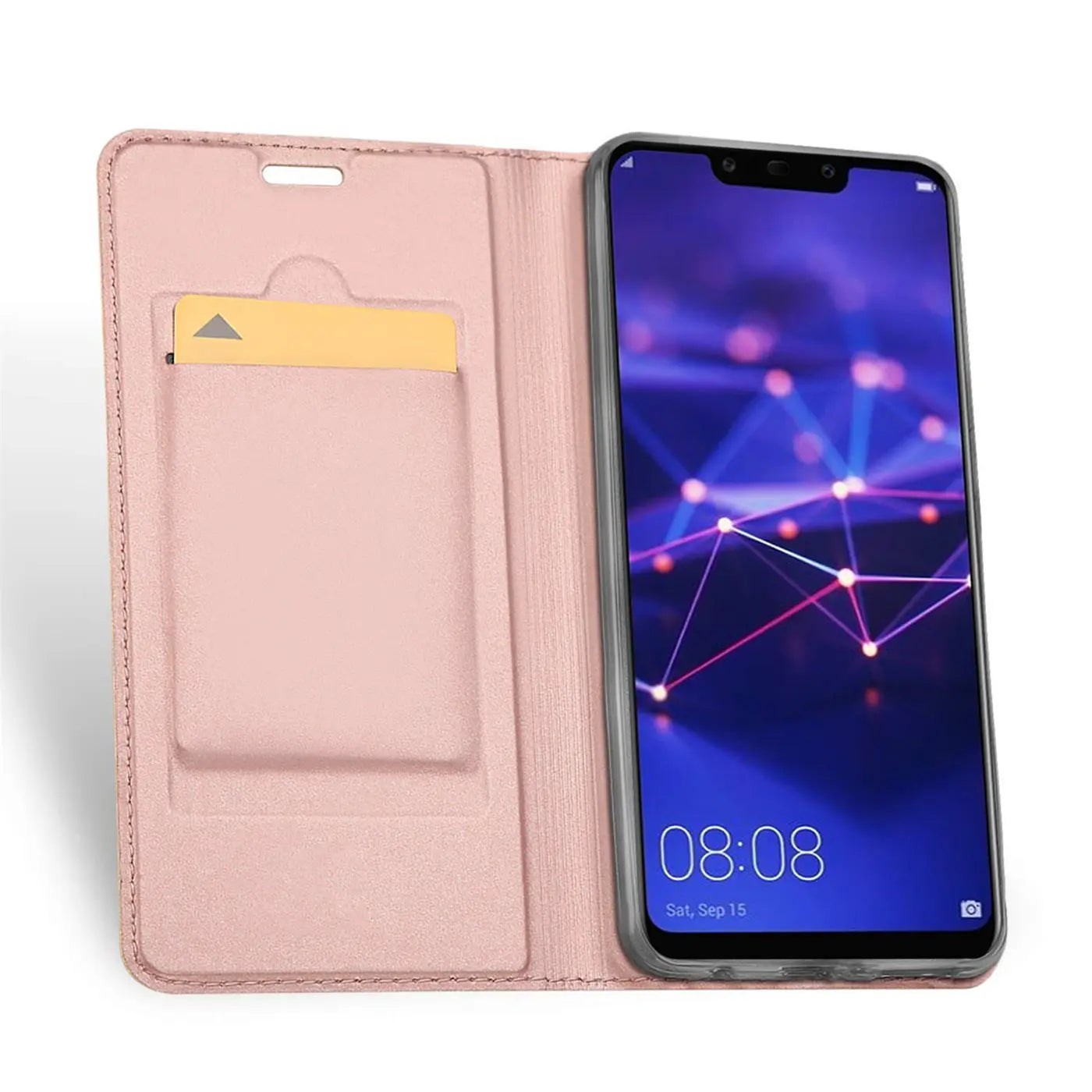 Rosa Klapphülle aus Kunstleder mit Kartenfach, zeigt Huawei Mate 20 Lite.