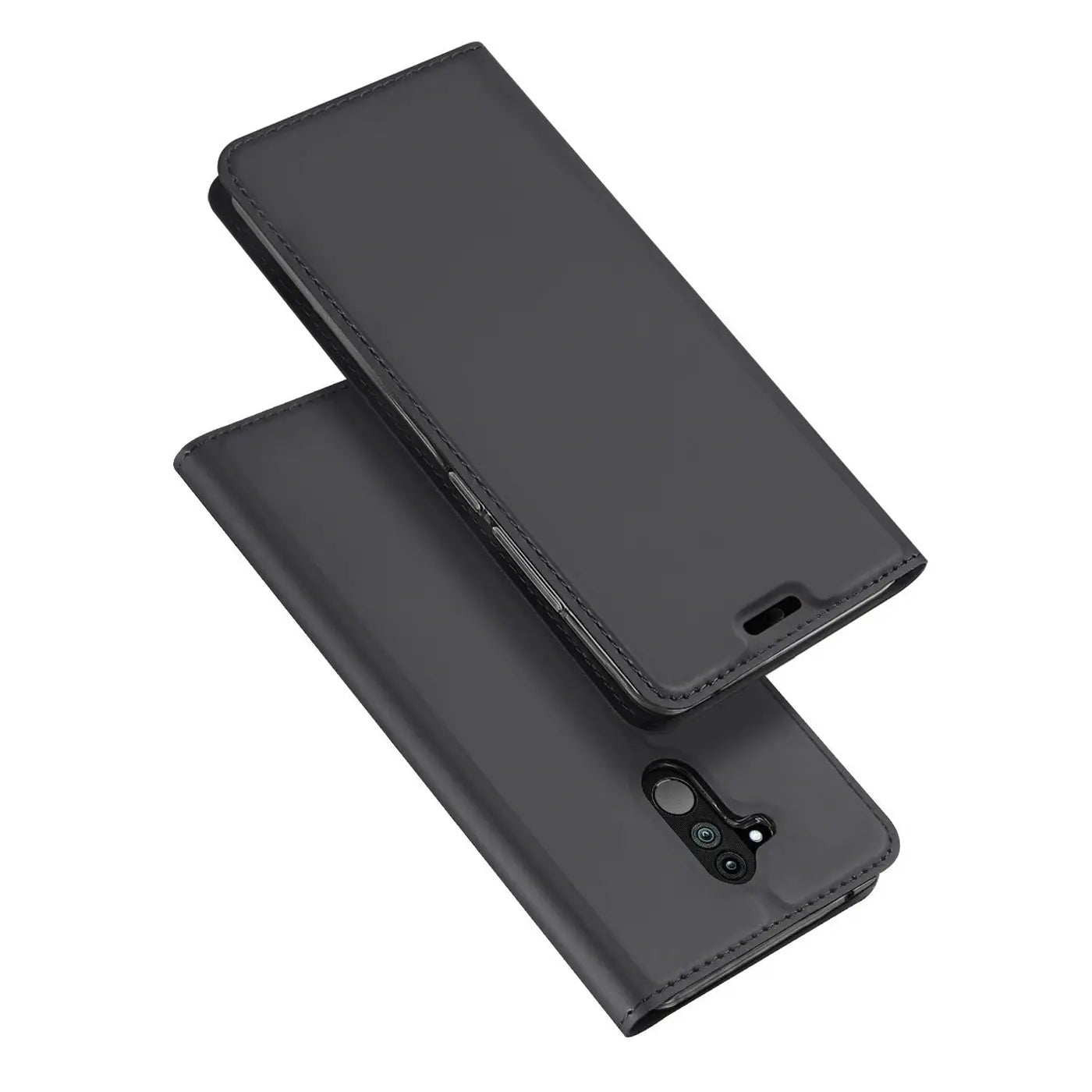Dunkelgraue Kunstleder-Flip-Hülle für Huawei Mate 20 Lite, von schräg oben fotografiert.