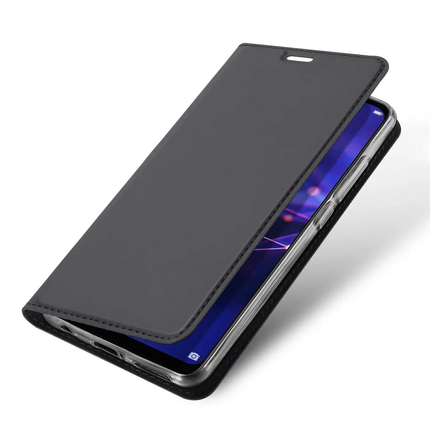Graue Kunstleder-Flip-Hülle für Huawei Mate 20 Lite, von vorne schräg