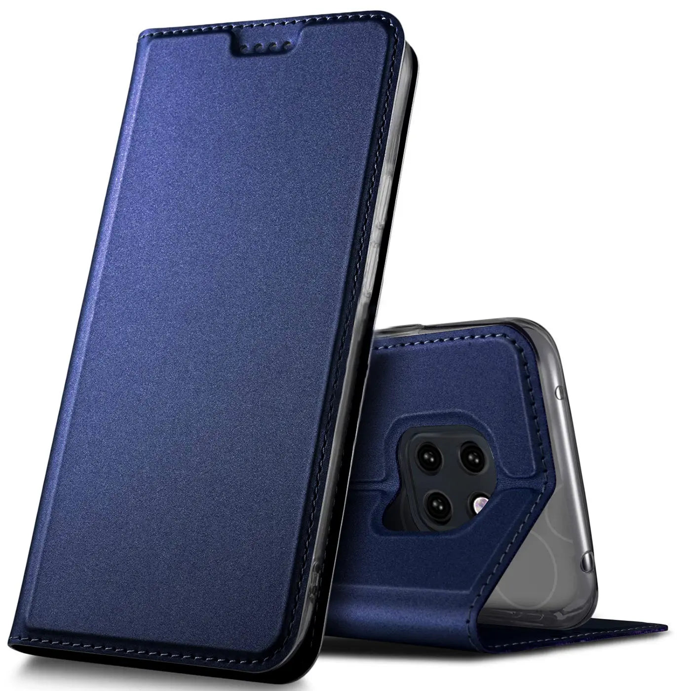 Blaue Leder-Flip-Hülle für Huawei Mate 20 Pro, von vorne/seitlich gezeigt.