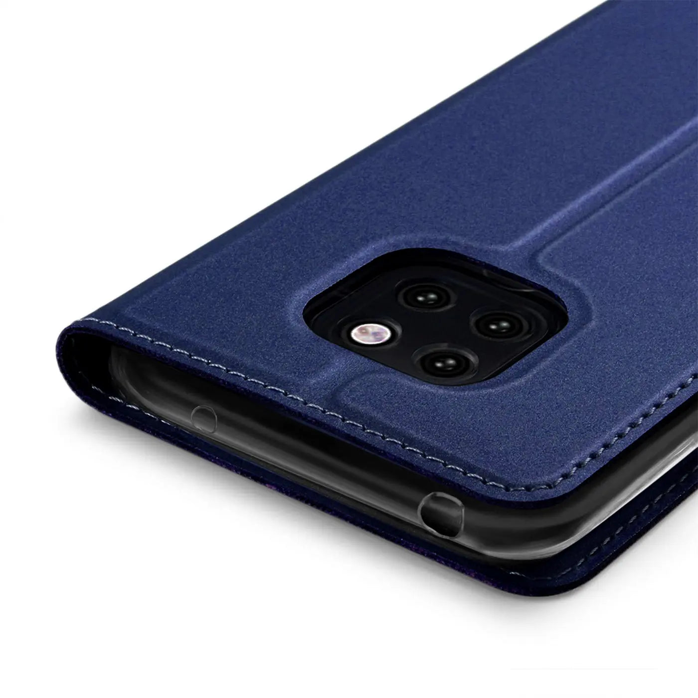 Blaue Leder-Flip-Hülle für Huawei Mate 20 Pro, Nahaufnahme, Rückseite mit Kamera
