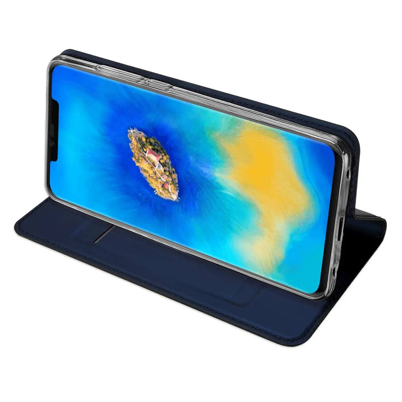 Dunkelblaue Kunstleder-Flip-Hülle für Huawei Mate 20 Pro, von vorne schräg gezeigt.