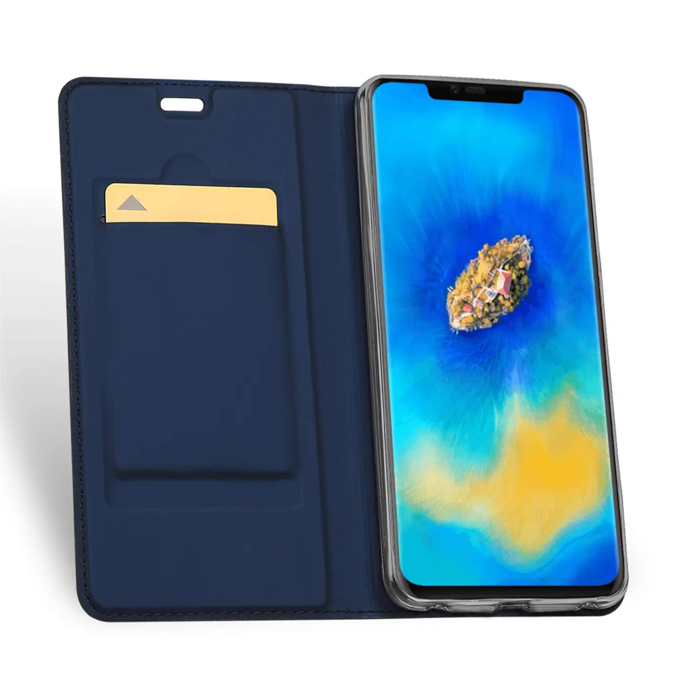 Dunkelblaue Kunstleder-Flip-Hülle mit Kartenfach, zeigt Huawei Mate 20 Pro.