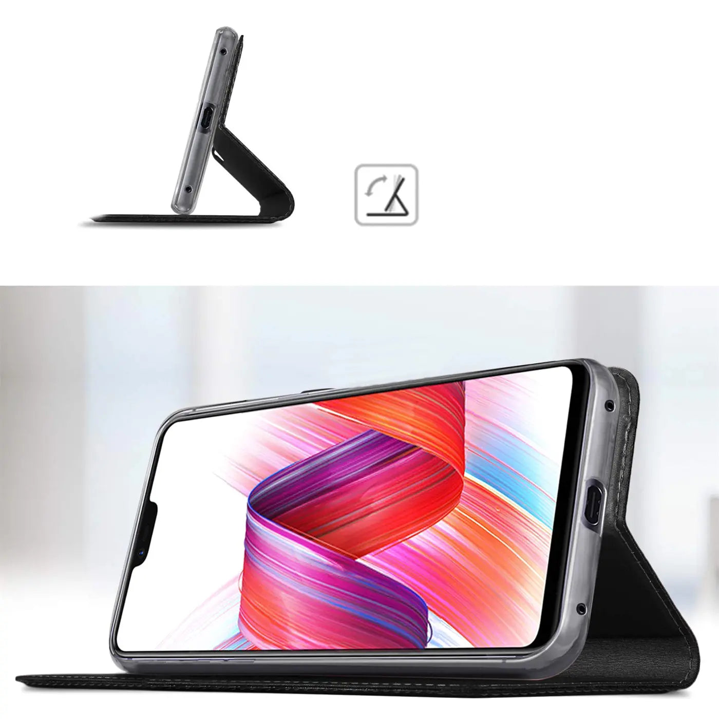 Huawei Mate 20 Pro in schwarzer Klapphülle, seitliche Ansicht, aufgestellt.