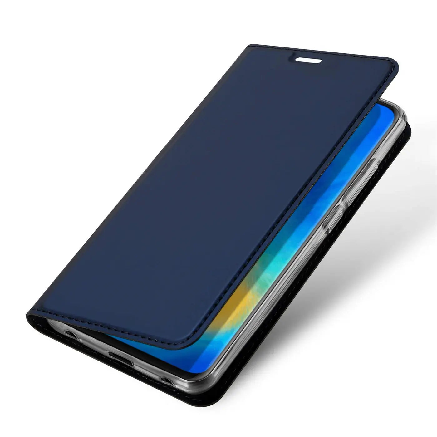 Dunkelblaue Leder-Flip-Hülle, schräg von oben, für Huawei Mate 20 Pro.