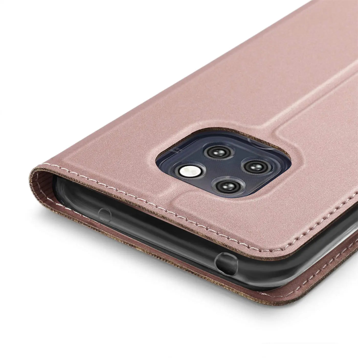 Rosafarbene Metallic-Flip-Hülle aus Kunstleder, Nahaufnahme, zeigt Kameraaussparung des Huawei Mate 20 Pro.