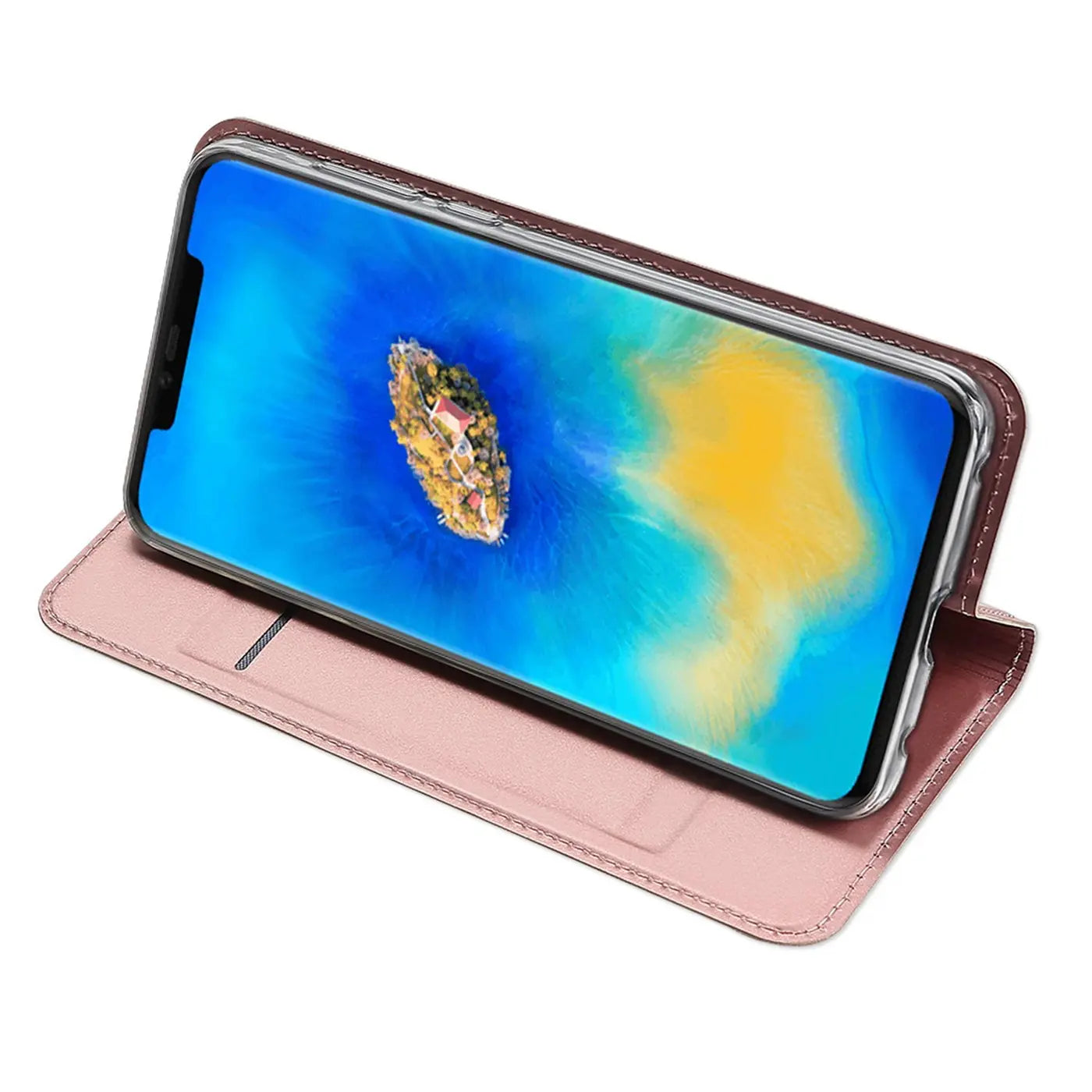 Metallic Flip Hülle in Roségold für Huawei Mate 20 Pro, Lederoptik, von vorne schräg
