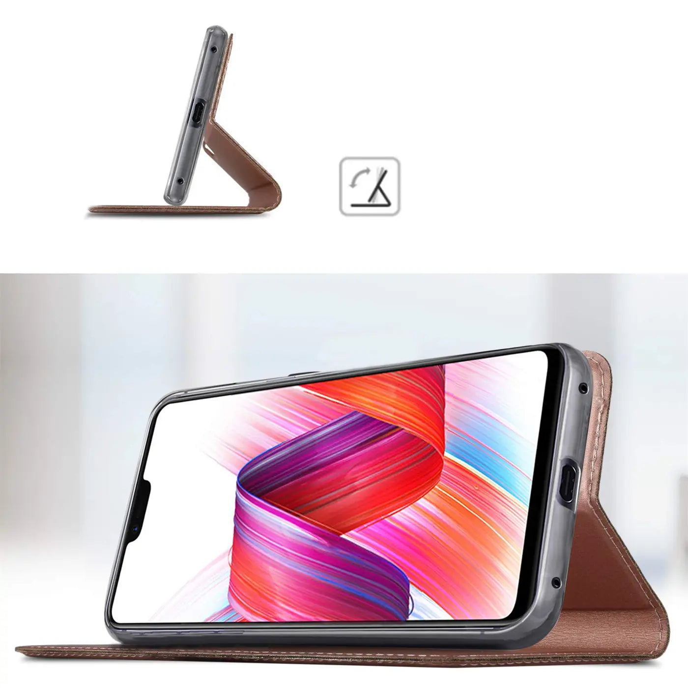 Braune Leder-Flip-Hülle für Huawei Mate 20 Pro, seitliche Ansicht, aufgestellt.