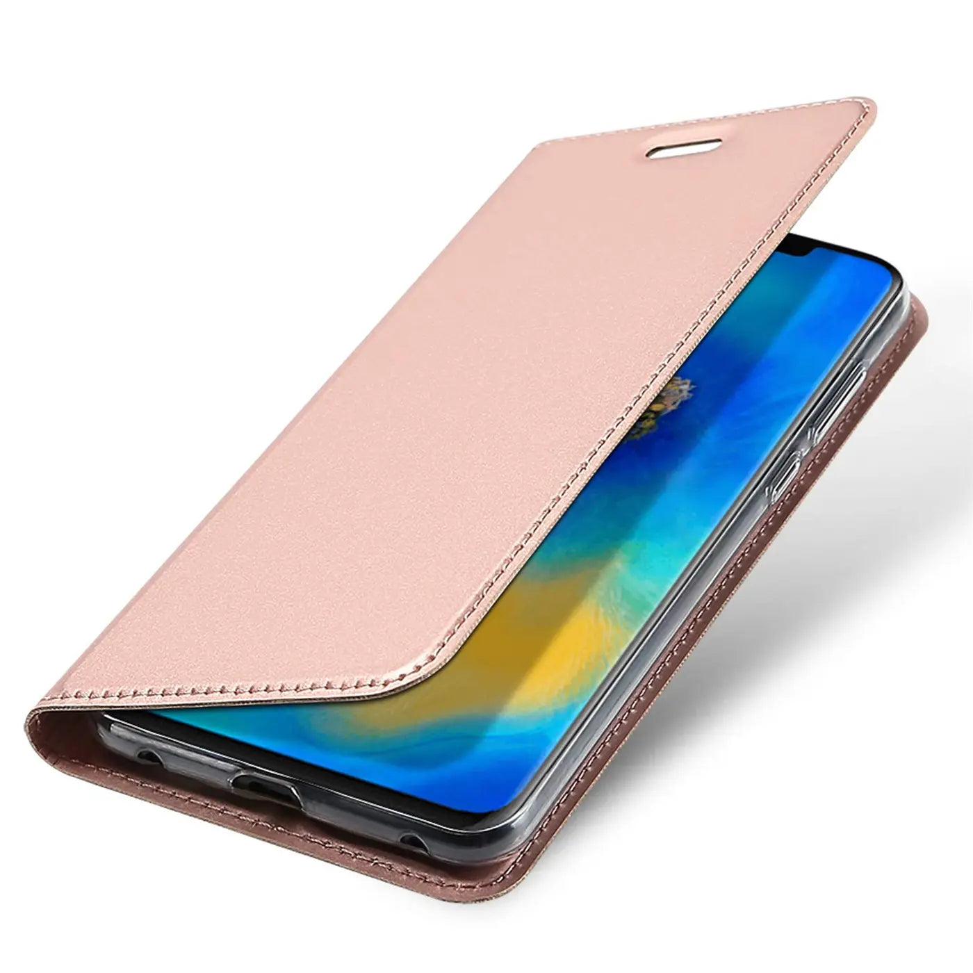Rosafarbene Metallic-Flip-Hülle aus Kunstleder für Huawei Mate 20 Pro, von vorne schräg gezeigt.