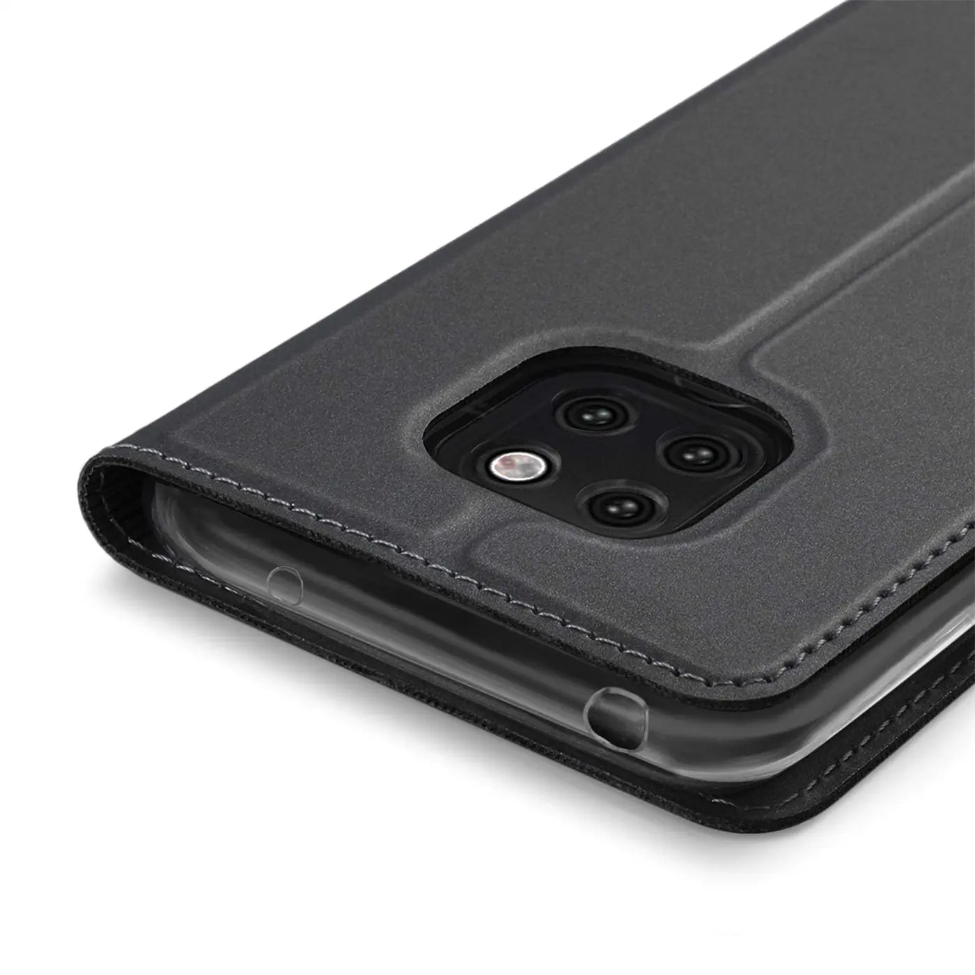 Graue Kunstleder-Flip-Hülle für Huawei Mate 20 Pro, Nahaufnahme der Rückseite