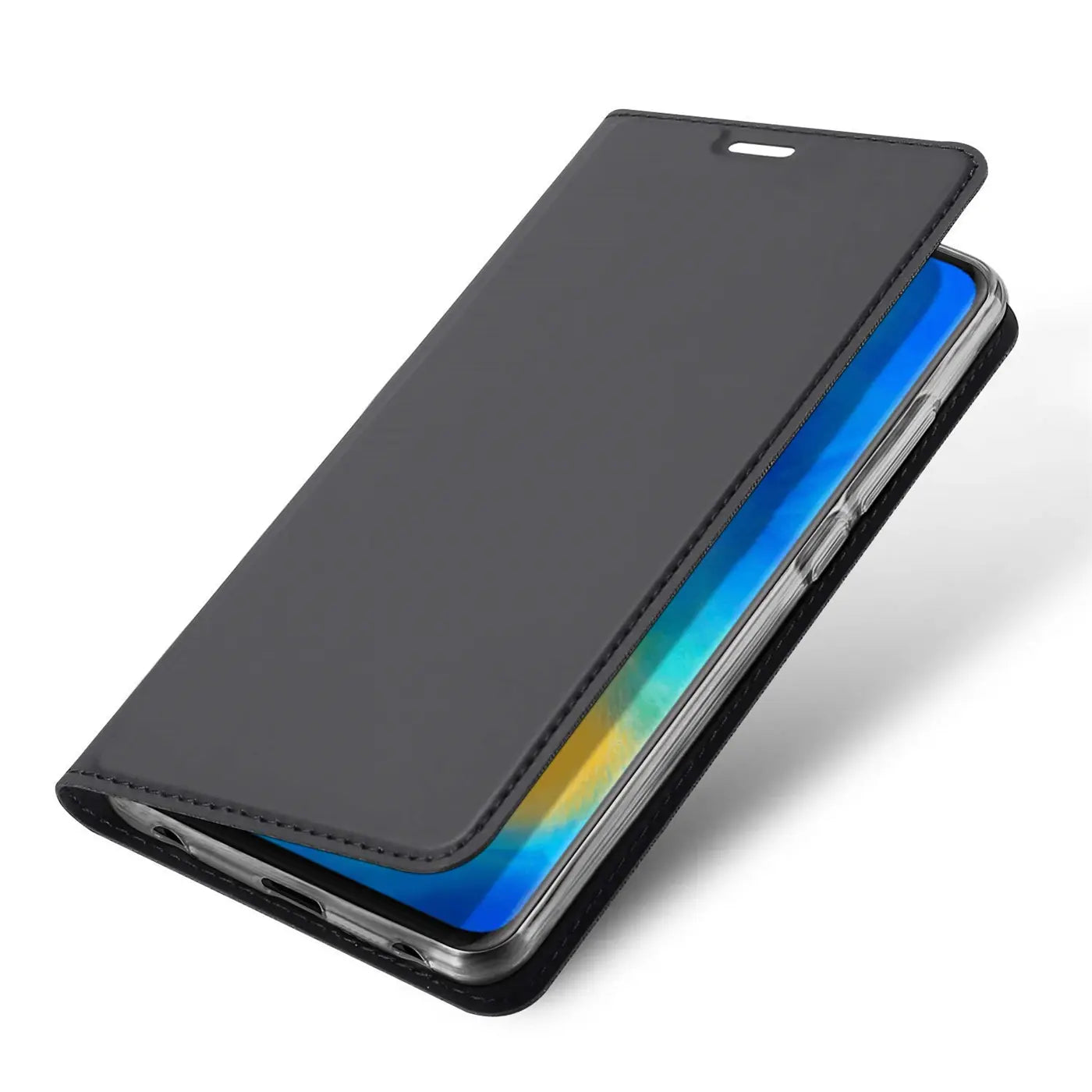 Graue Kunstleder-Flip-Hülle für Huawei Mate 20 Pro, von schräg oben gezeigt.