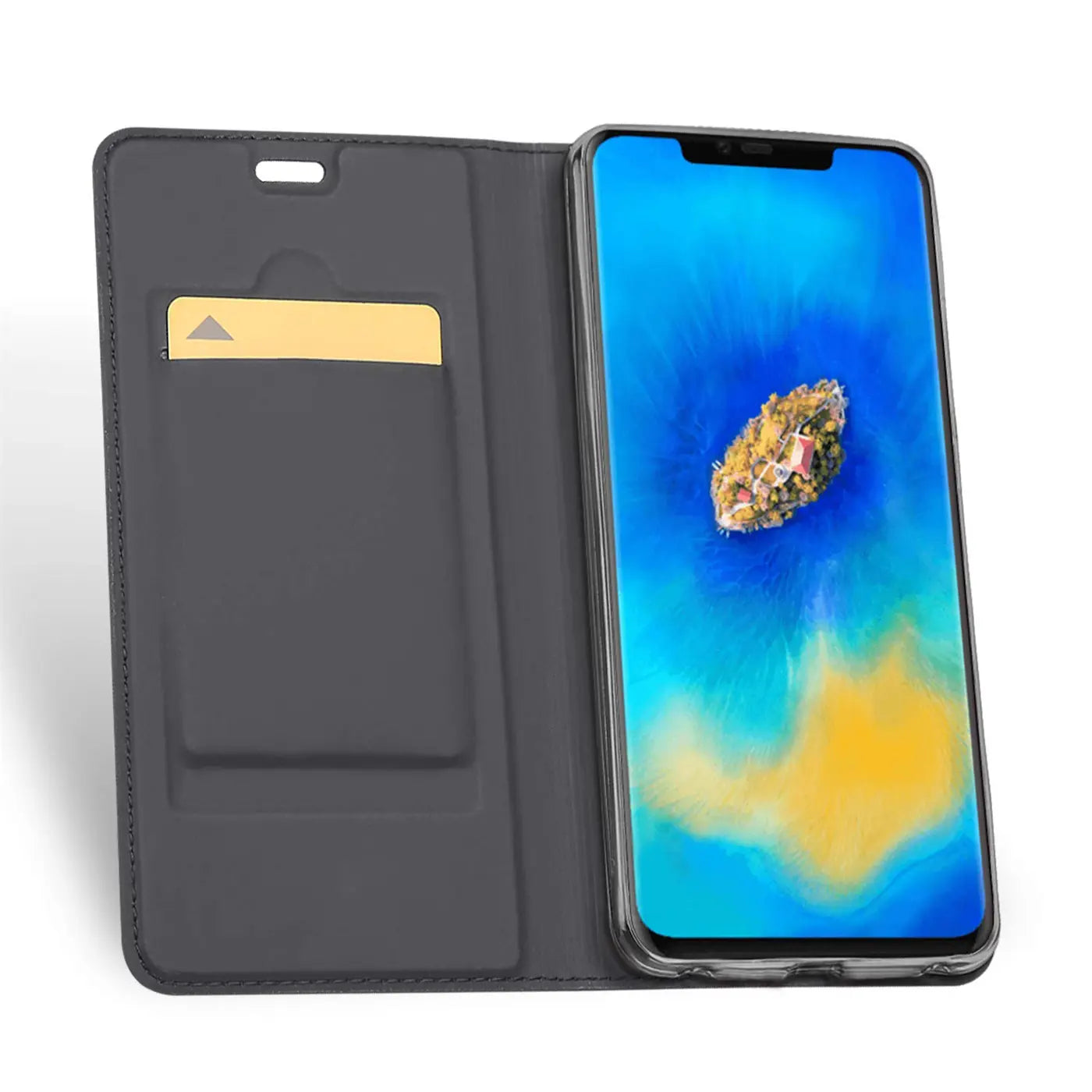 Graue Kunstleder-Flip-Hülle mit Kartenschlitz, Huawei Mate 20 Pro, von vorne