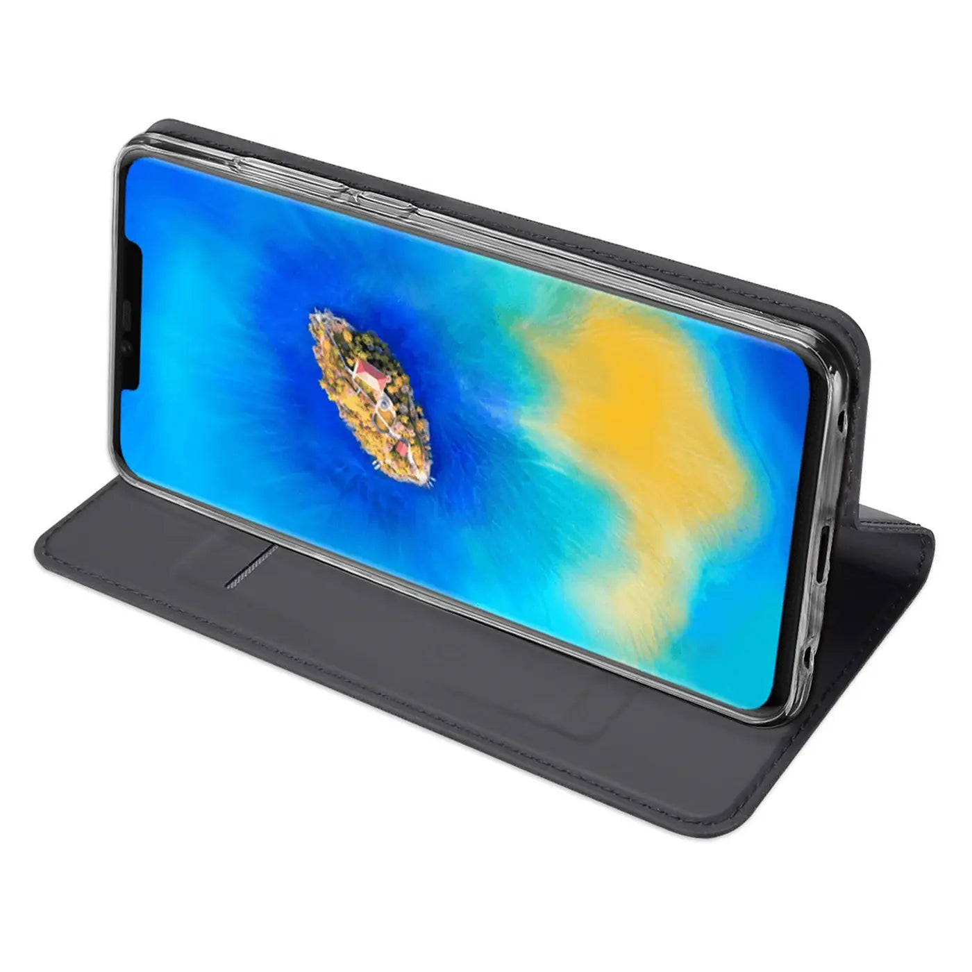 Graue Kunstleder-Flip-Hülle, seitliche Ansicht, zeigt Huawei Mate 20 Pro.
