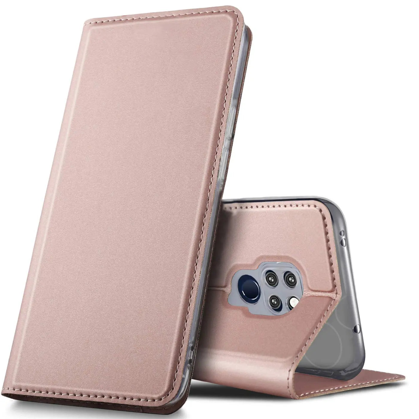 Metallic roséfarbene Flip-Hülle aus Kunstleder, Vorderansicht, Huawei Mate 20 erkennbar.