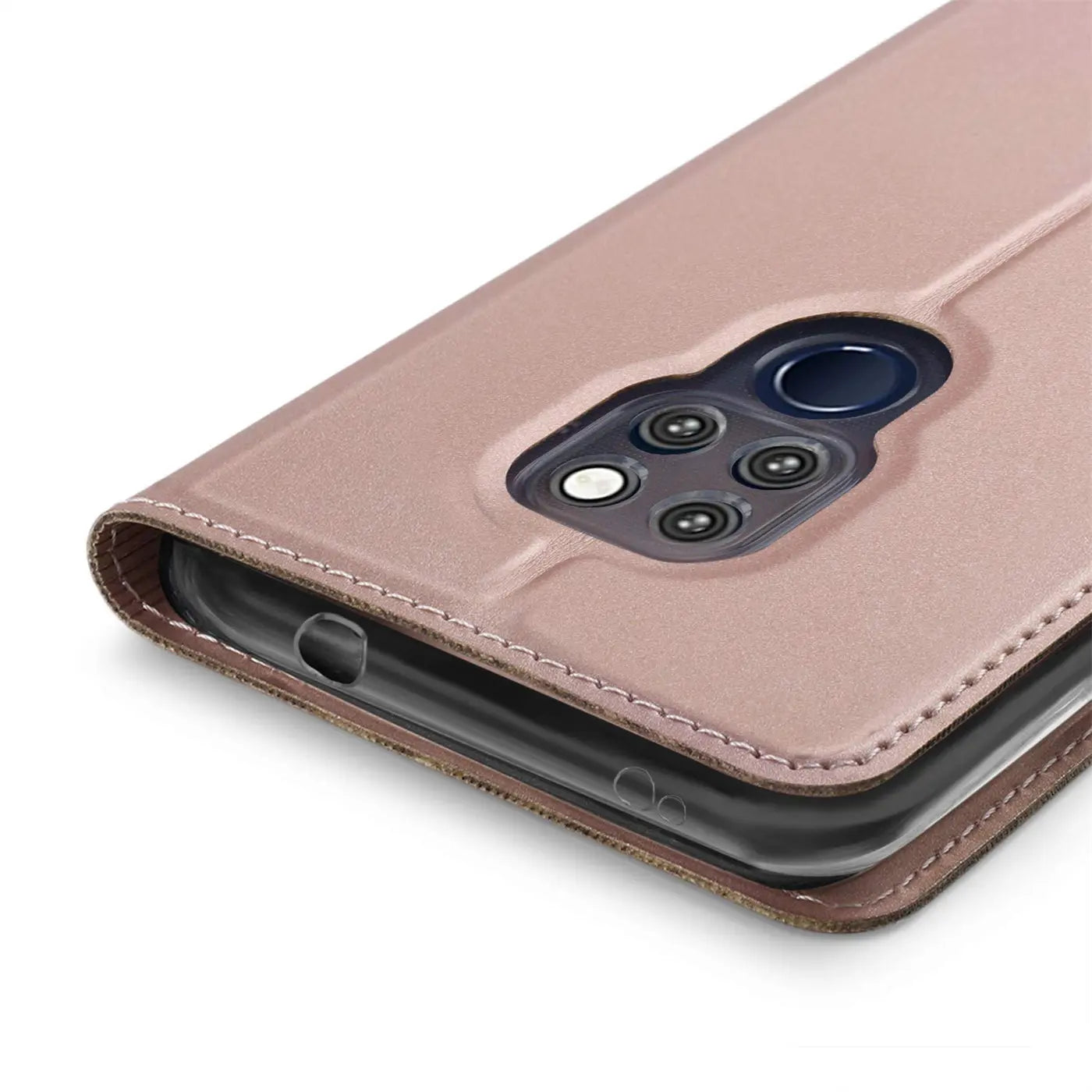 Rosafarbene Leder-Flip-Hülle mit Nähten, Nahaufnahme, Huawei Mate 20 Kamera.