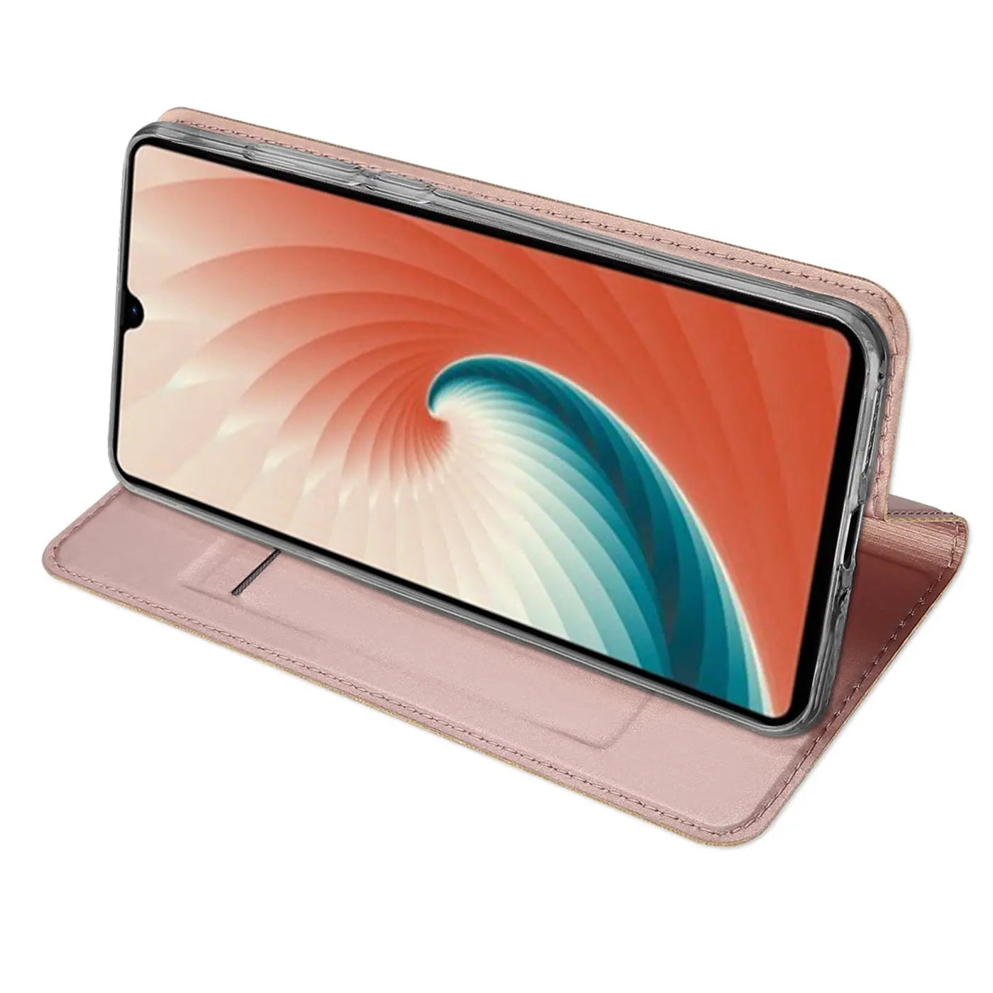 Rosa Kunstleder-Flip-Hülle für Huawei Mate 20, von vorne schräg gezeigt.