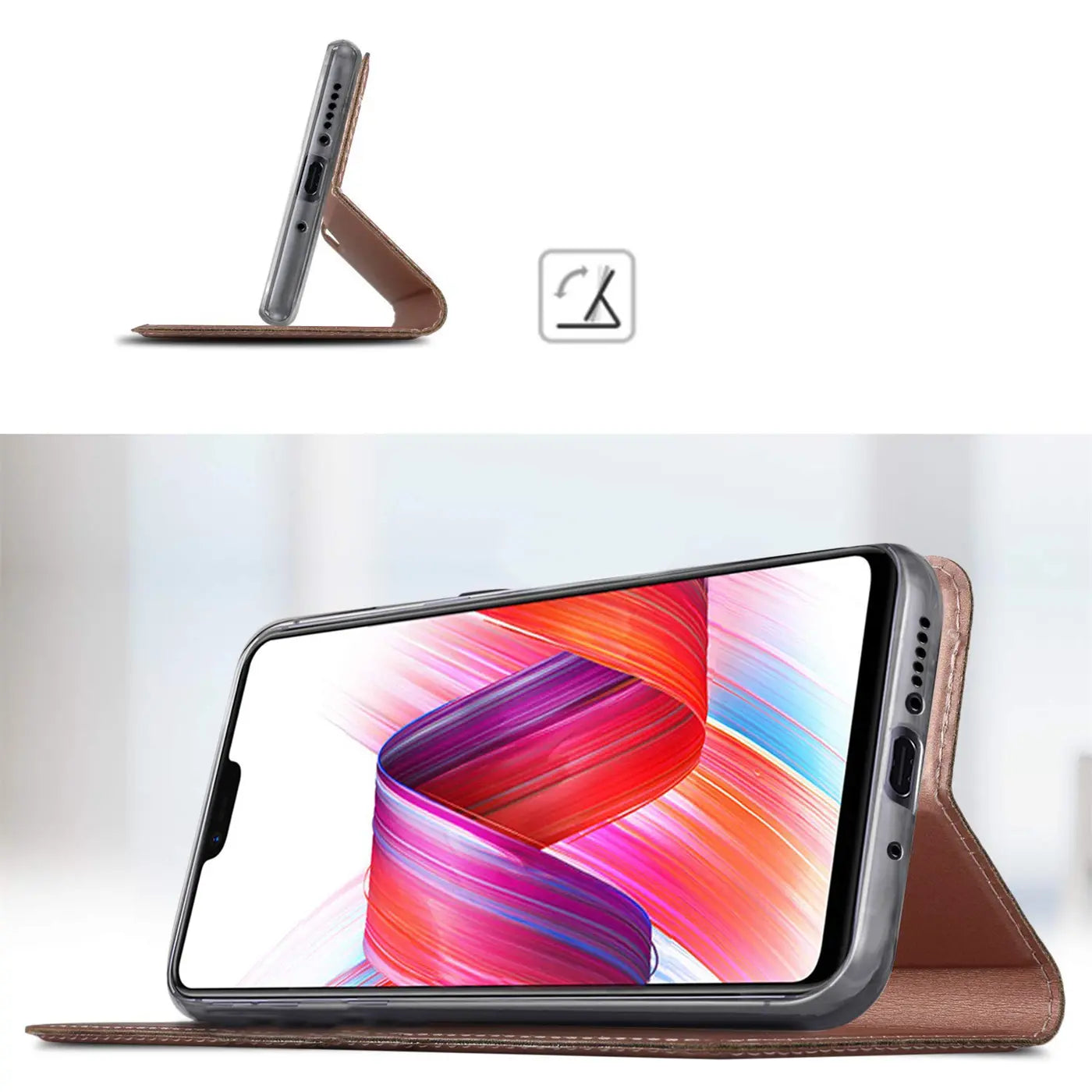 Braune Leder-Flip-Hülle im Querformat auf Huawei Mate 20, mit Ständerfunktion.