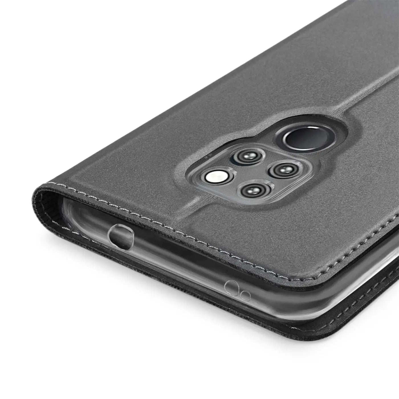 Graue Leder-Flip-Hülle für Huawei Mate 20, Nahaufnahme der Kameraöffnung.