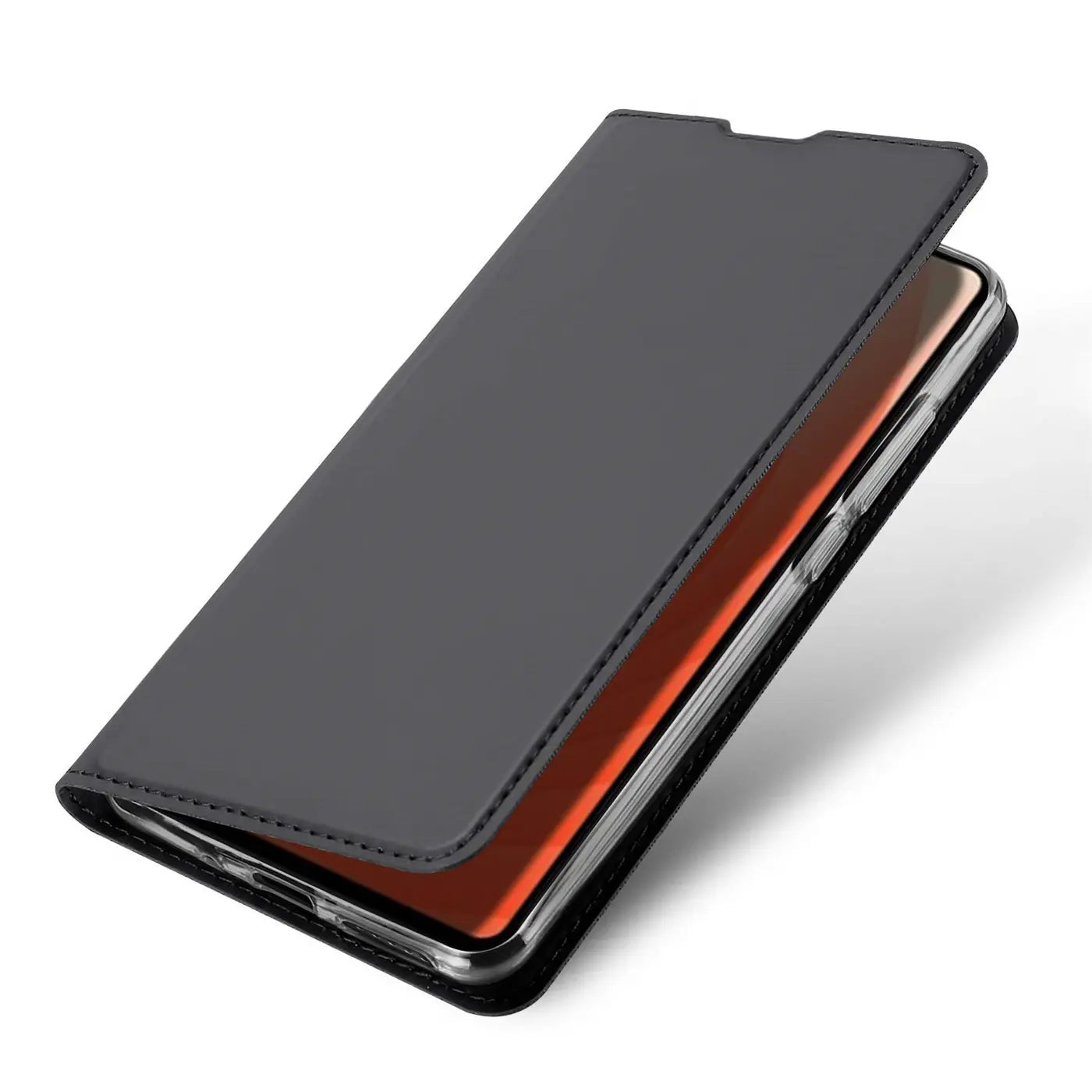 Dunkelgraue Leder-Flip-Hülle für Huawei Mate 20, von schräg oben.