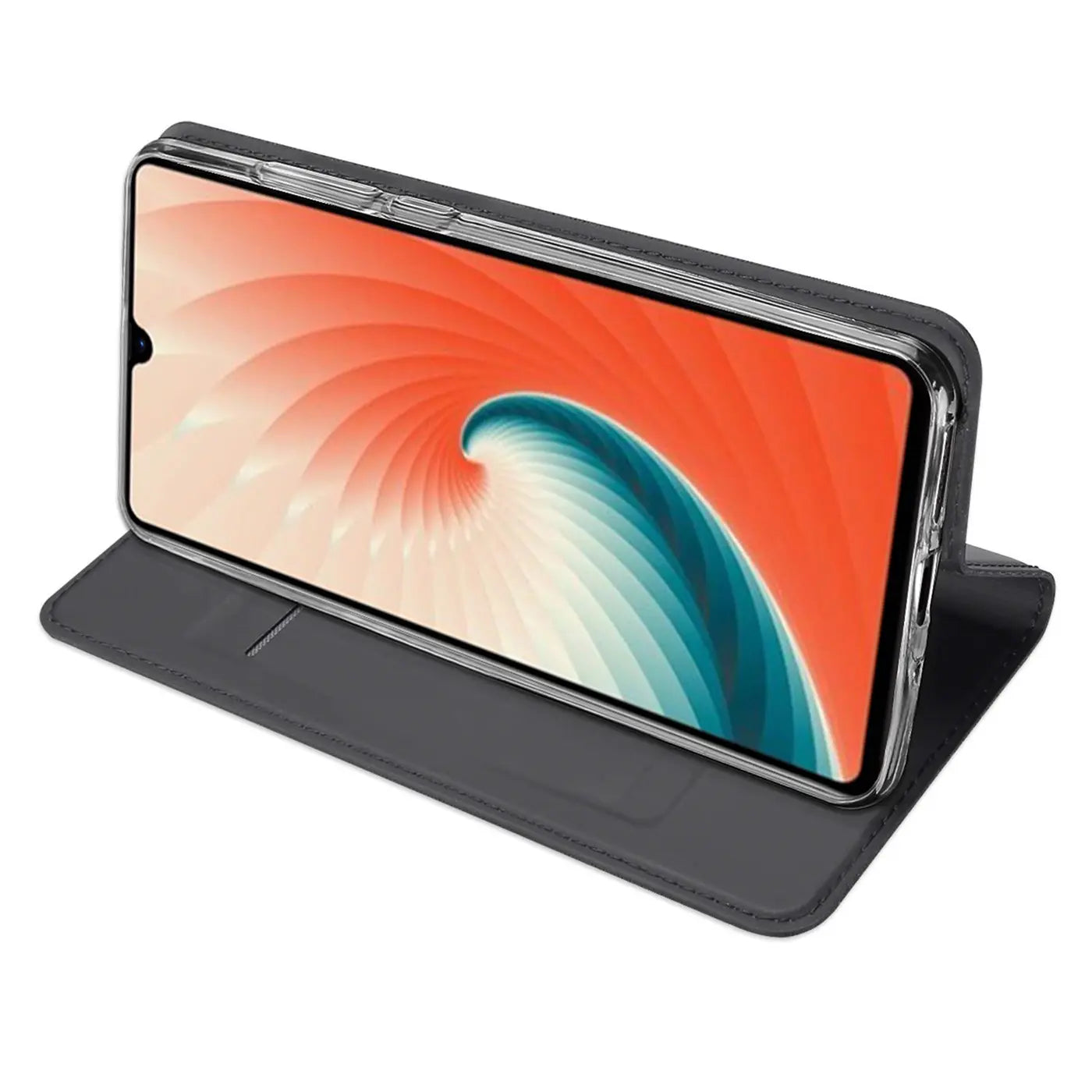 Graue Kunstleder-Flip-Hülle mit transparentem Rahmen für Huawei Mate 20, von vorne schräg.