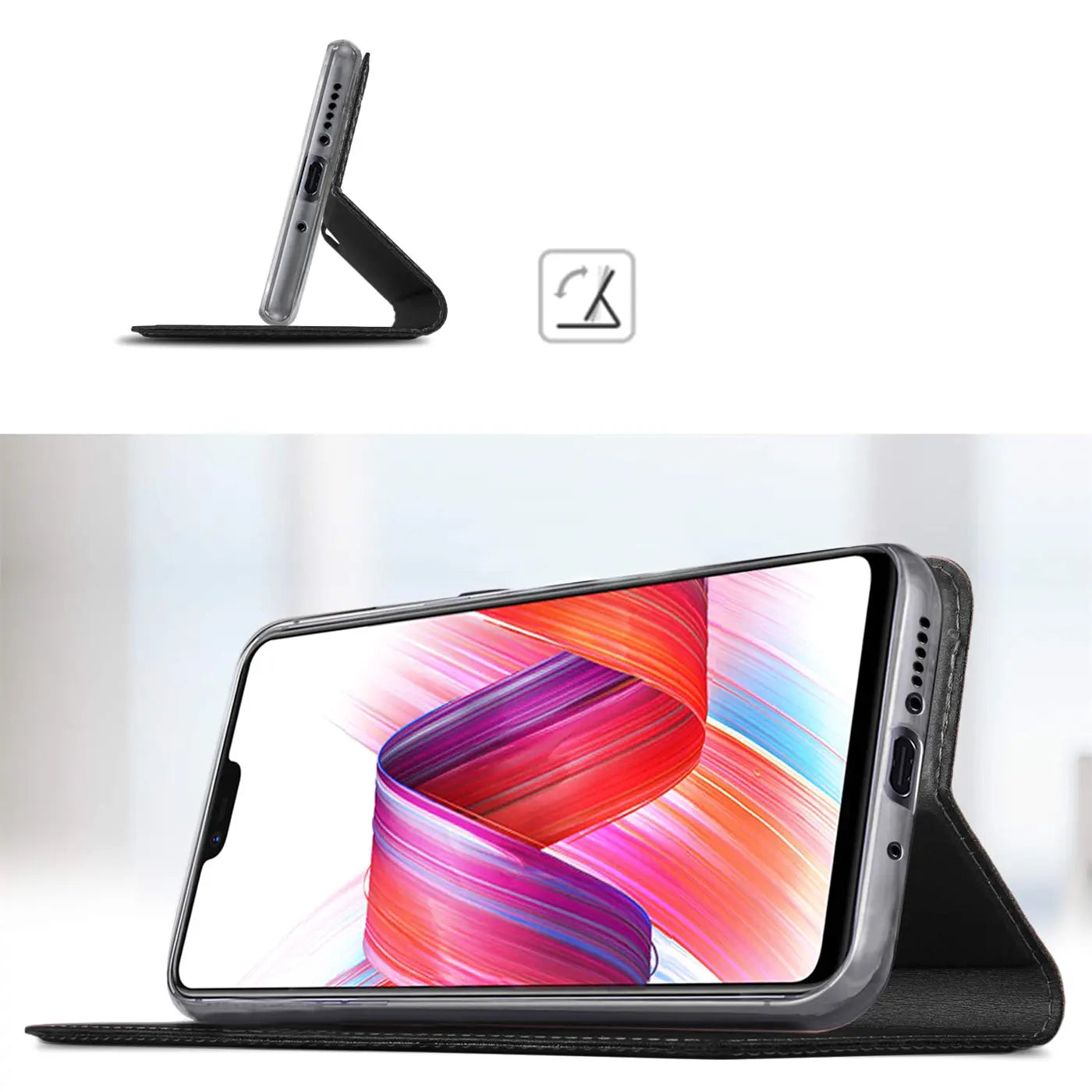 Huawei Mate 20 in schwarzer Klapphülle, seitliche Ansicht, mit Standfunktion.