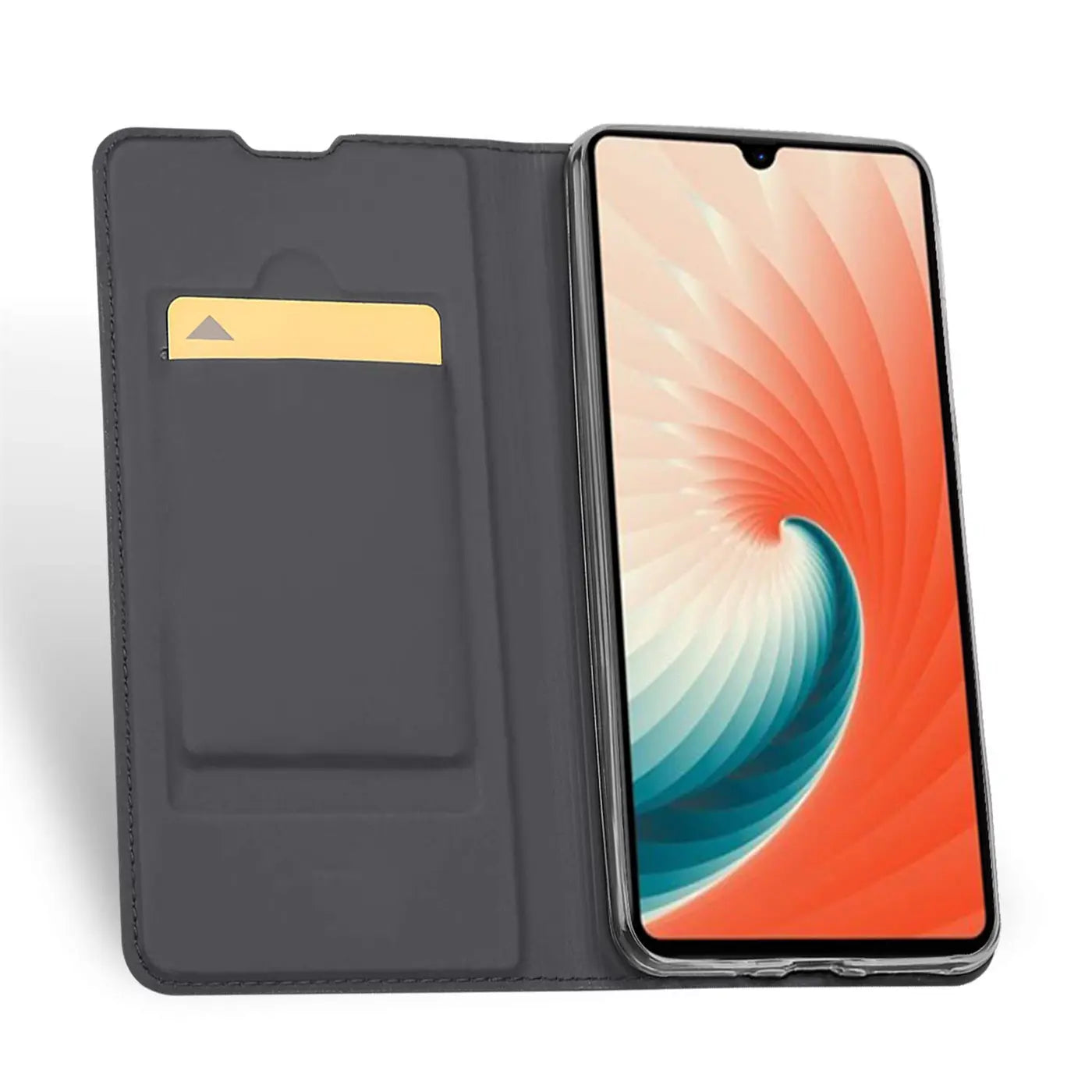 Graue Kunstleder-Flip-Hülle mit Kartenschlitz, zeigt Huawei Mate 20 von vorne.