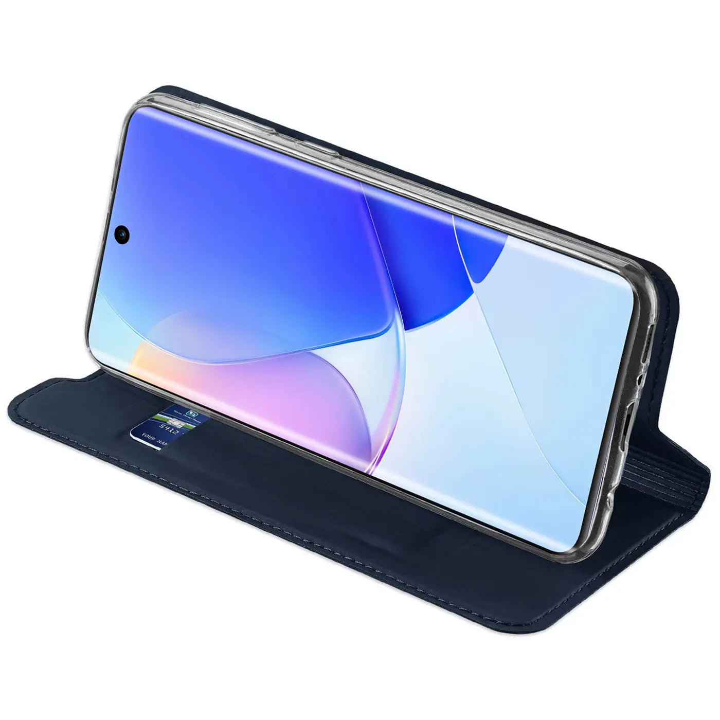 Dunkelblaue Klapphülle aus Leder mit Huawei Nova 9/Honor 50, von schräg oben.