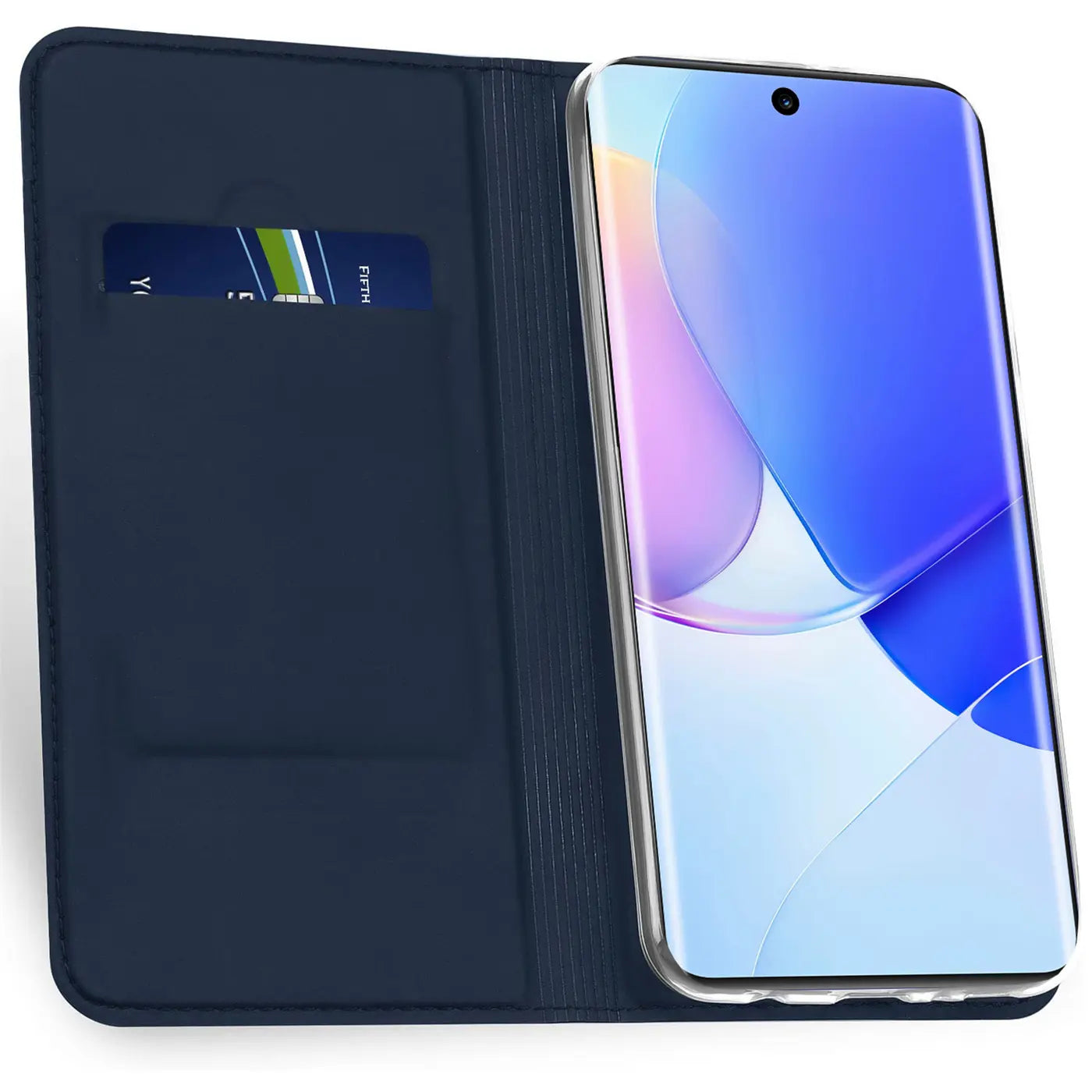 Dunkelblaue Leder-Flip-Hülle mit Kartenschlitz, zeigt Huawei Nova 9/Honor 50.