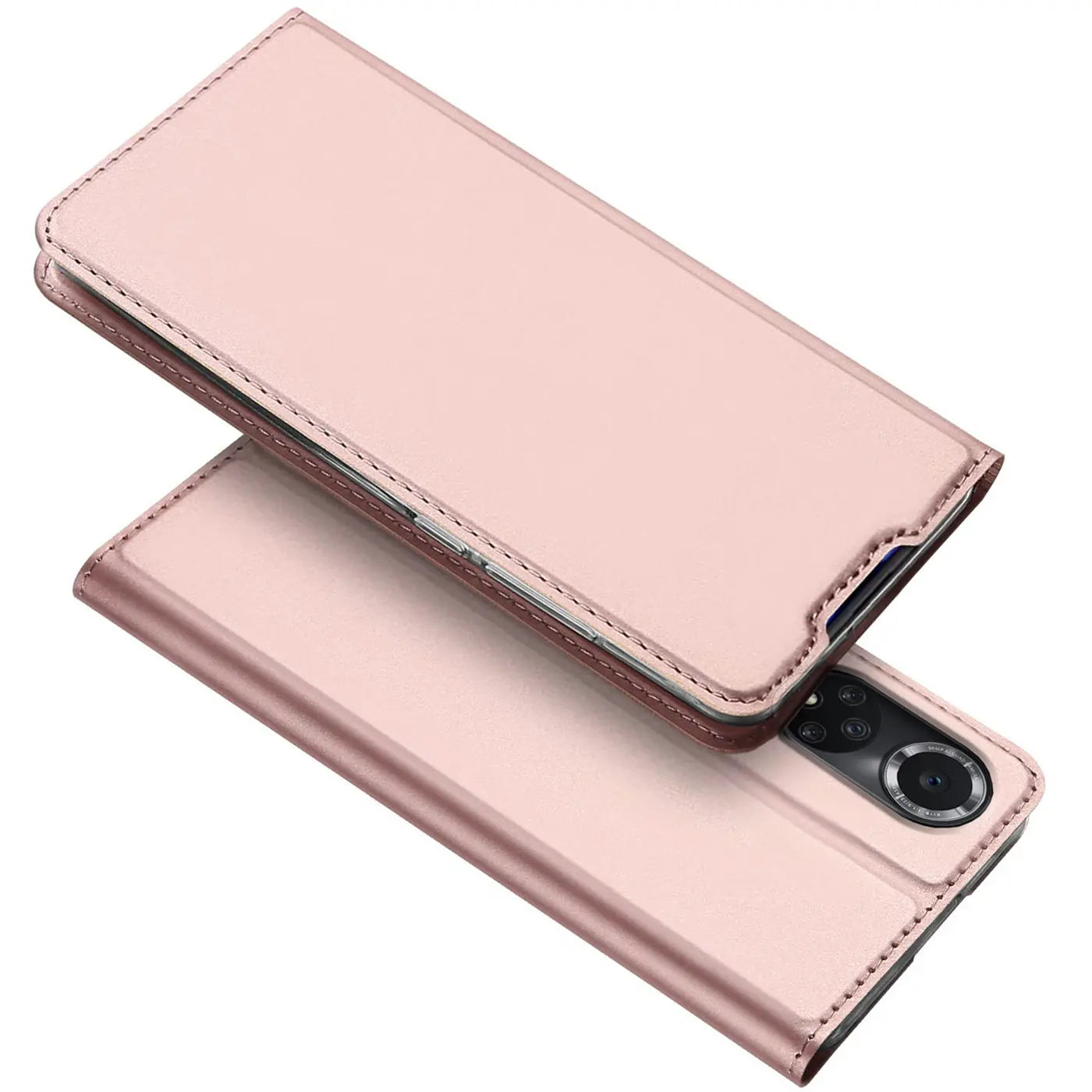 Rosafarbene Metallic-Flip-Hülle aus Kunstleder, schräg von oben, zeigt Huawei Nova 9 / Honor 50.