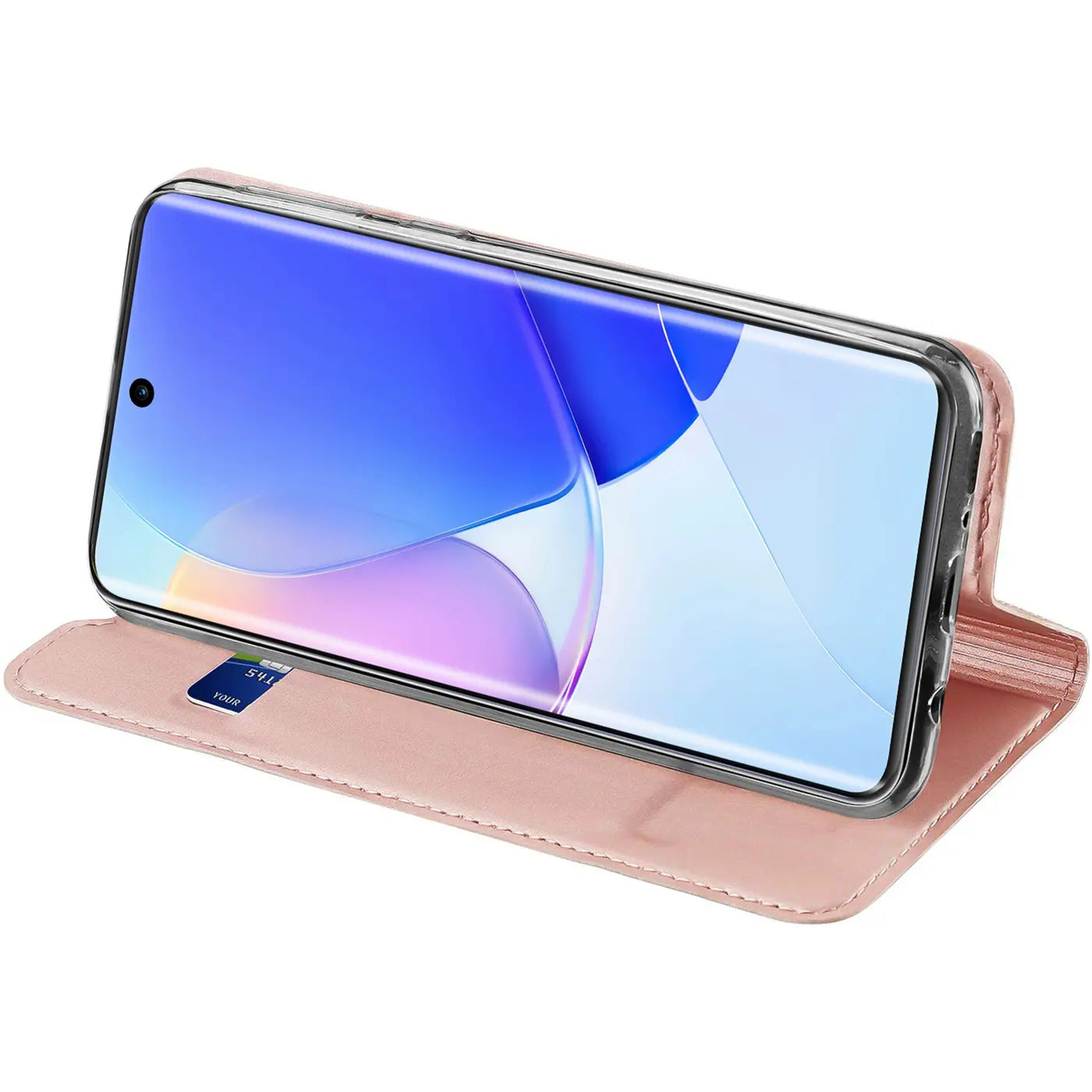 Rosa Kunstleder-Flip-Hülle mit Huawei Nova 9 / Honor 50, Seitenansicht.