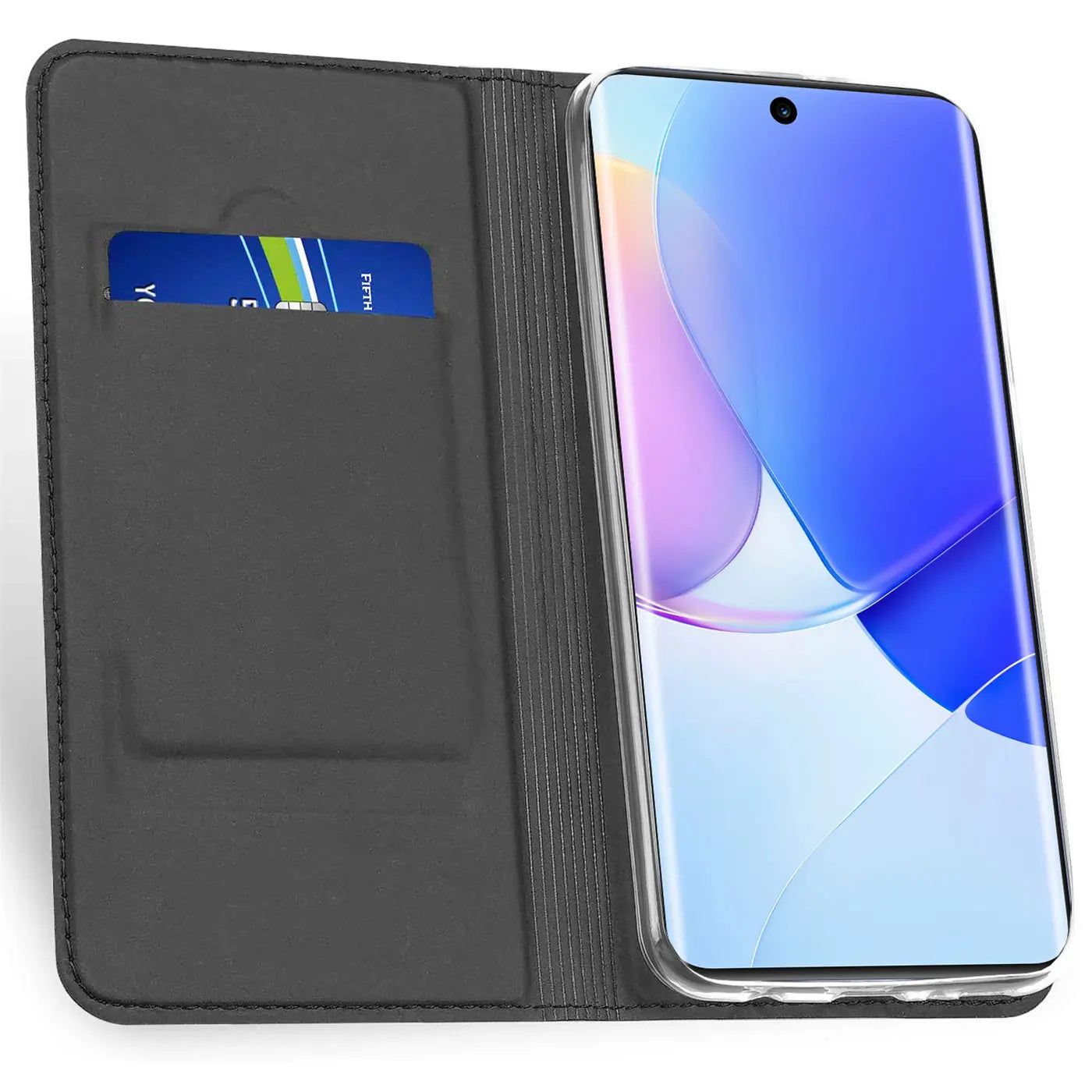 Schwarze Kunstleder-Flip-Hülle mit Kartenfach, zeigt Huawei Nova 9 / Honor 50.