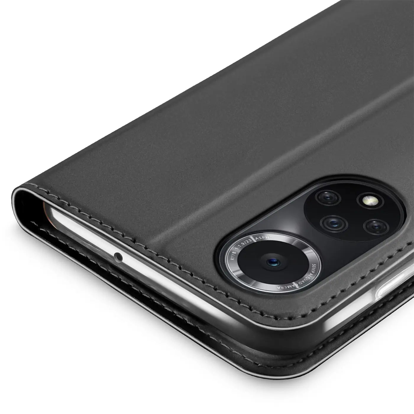 Graue Leder-Flip-Hülle mit sichtbarer Kamera eines Huawei Nova 9 / Honor 50.