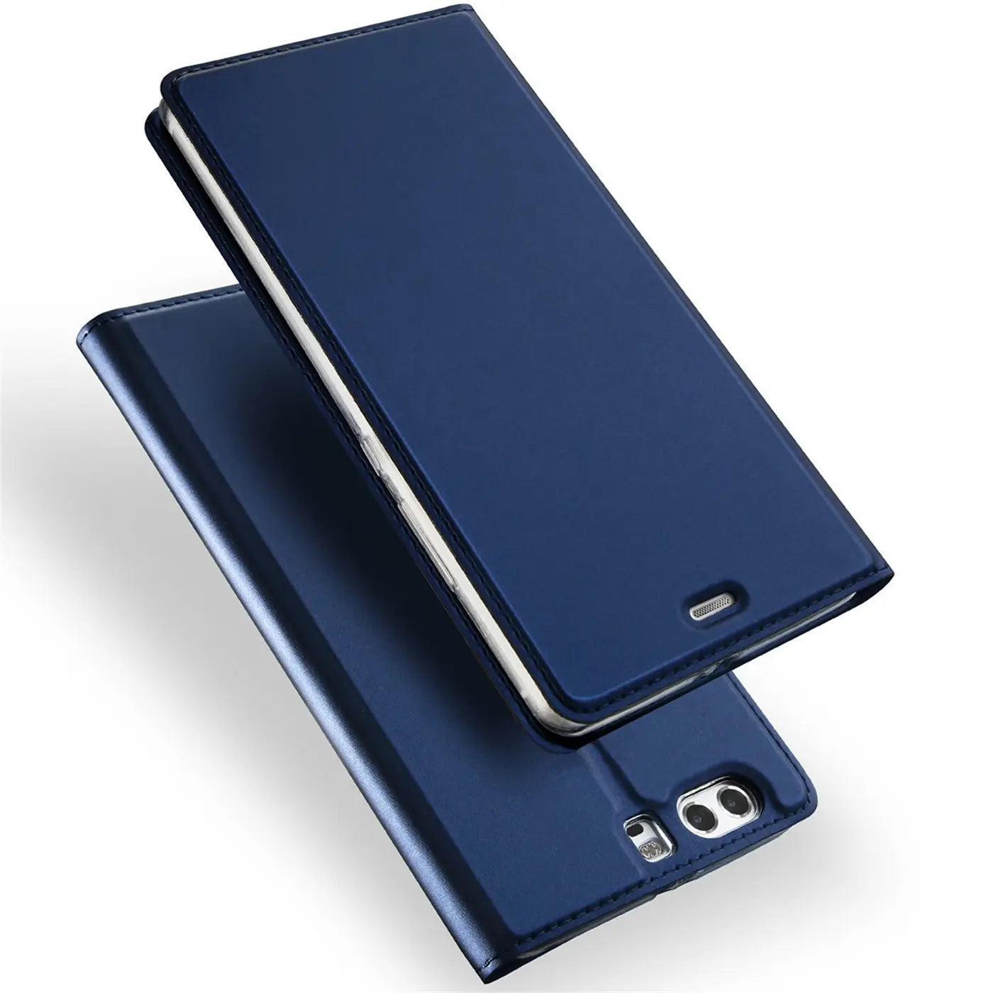 Dunkelblaue Leder-Flip-Hülle für Huawei P10, von vorne schräg fotografiert.
