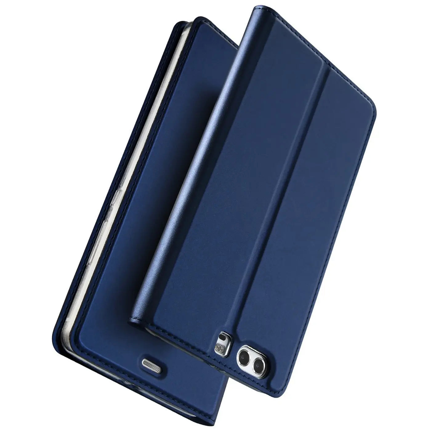 Dunkelblaue Klapphülle aus Kunstleder für Huawei P10, von schräg oben fotografiert.
