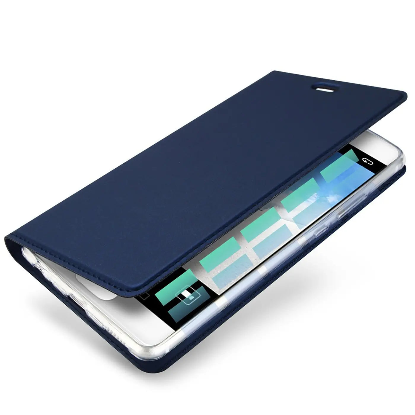 Dunkelblaue Kunstleder-Flip-Hülle für Huawei P10, von schräg oben.