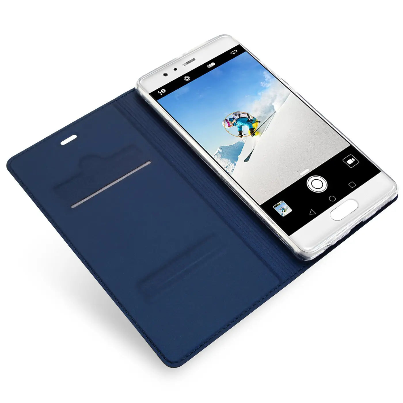 Dunkelblaue Leder-Flip-Hülle mit Huawei P10, von oben links, mit geöffneter Klappe.