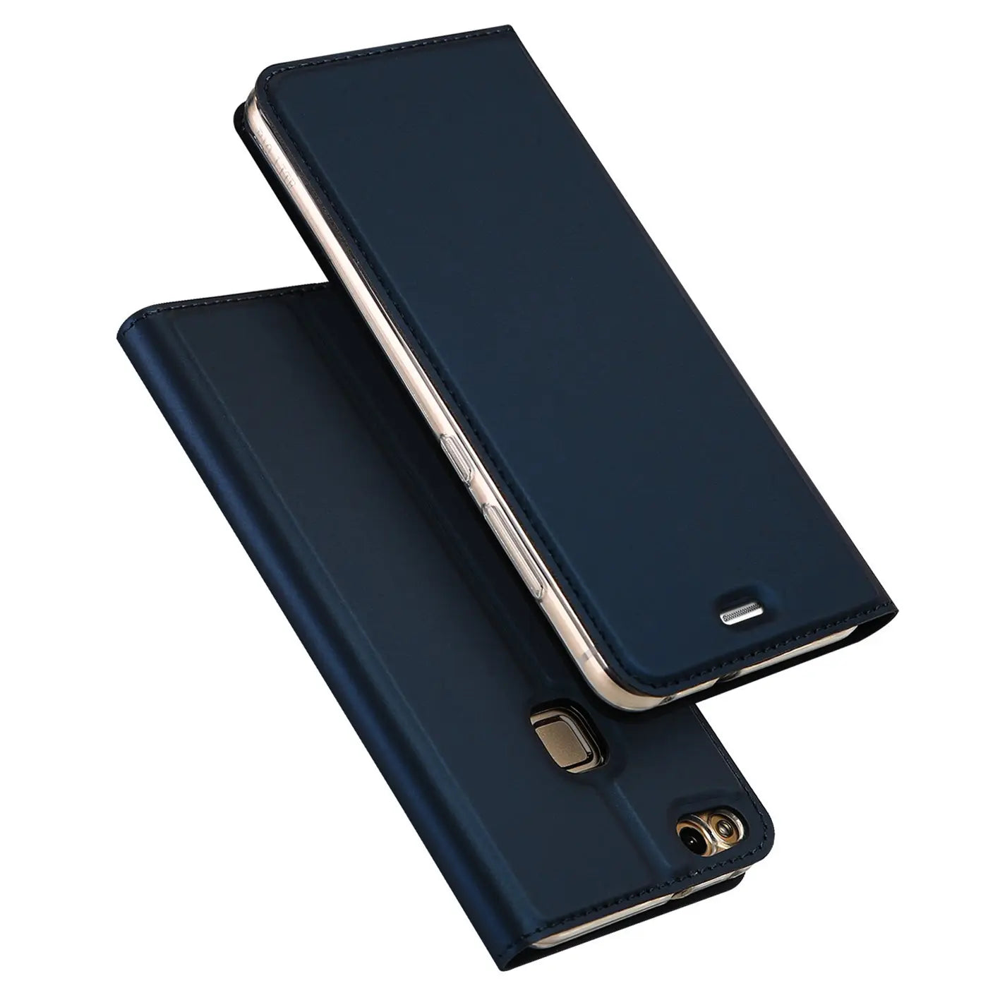 Dunkelblaue Leder-Flip-Hülle für Huawei P10 Lite, von schräg oben fotografiert.