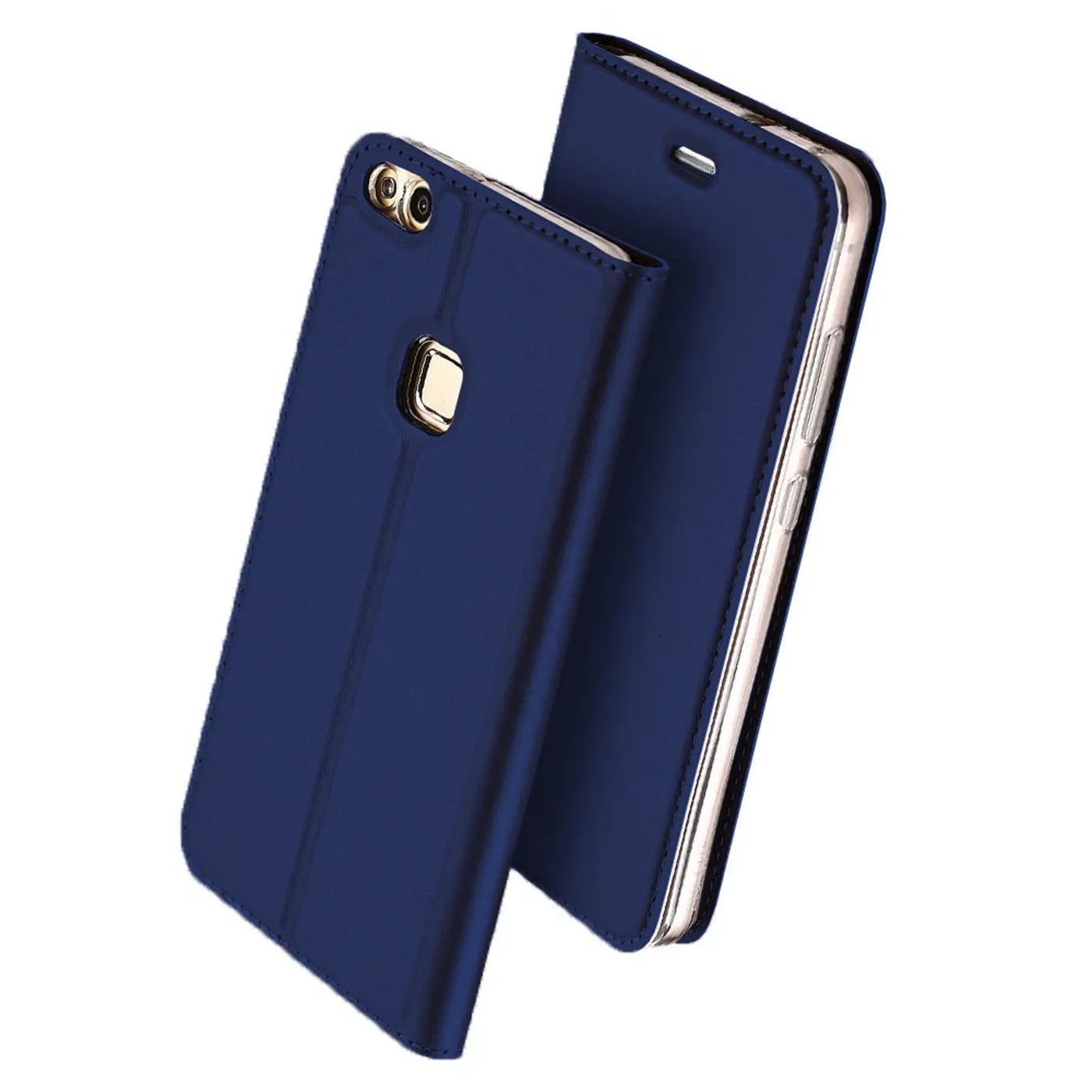 Dunkelblaue Klapphülle aus Kunstleder für Huawei P10 Lite, von vorne schräg gezeigt.