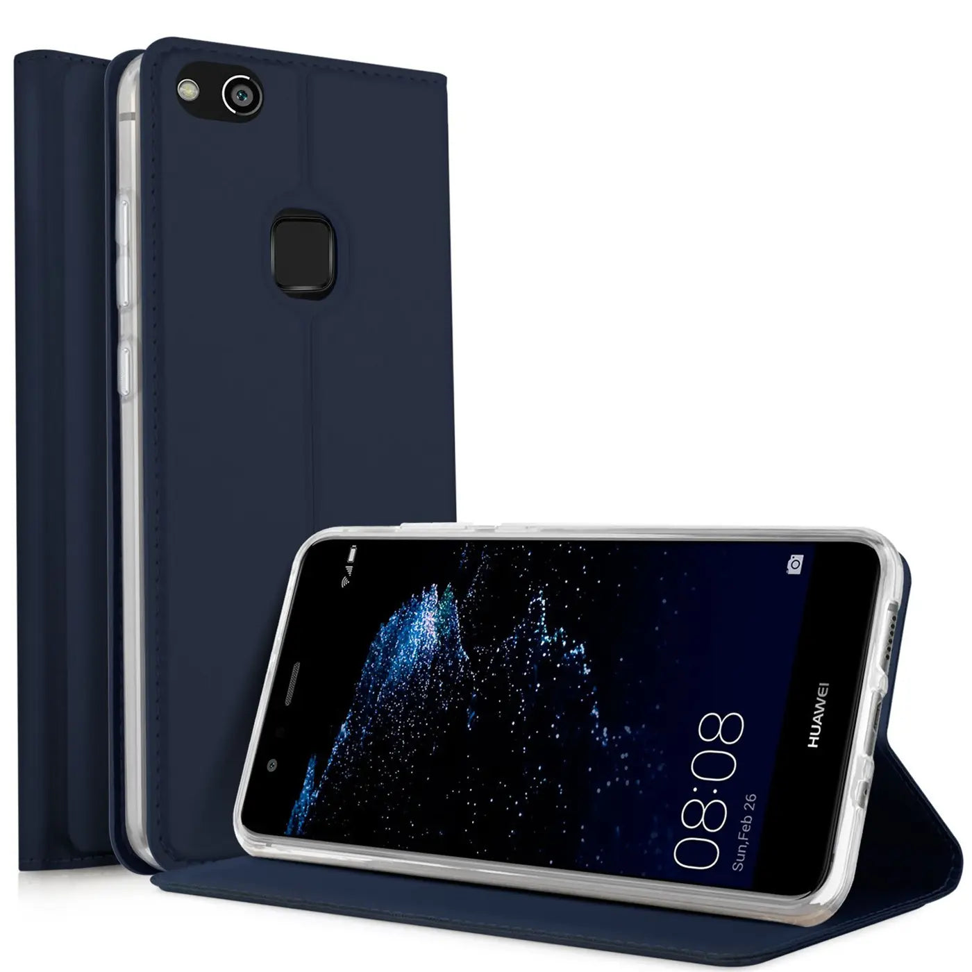 Dunkelblaue Klapphülle aus Kunstleder für Huawei P10 Lite, Seitenansicht.